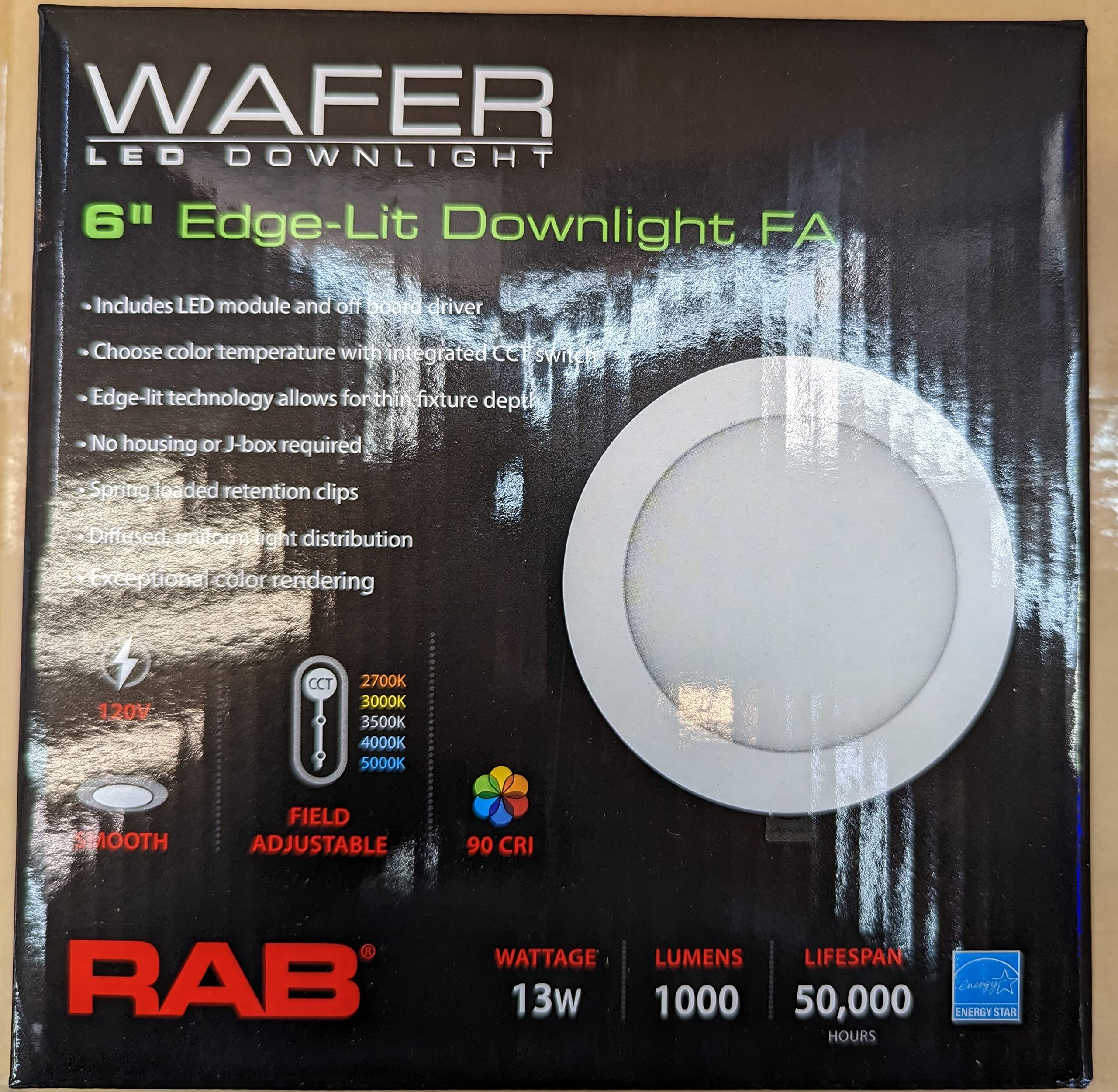 Rab Wfrl6R139Fa120Ws Edge-Lit Wafer Cct Field Adjustable, 2700/3000/3500/4000/5000K All-In-One, No Housing Required (Smooth, 6")