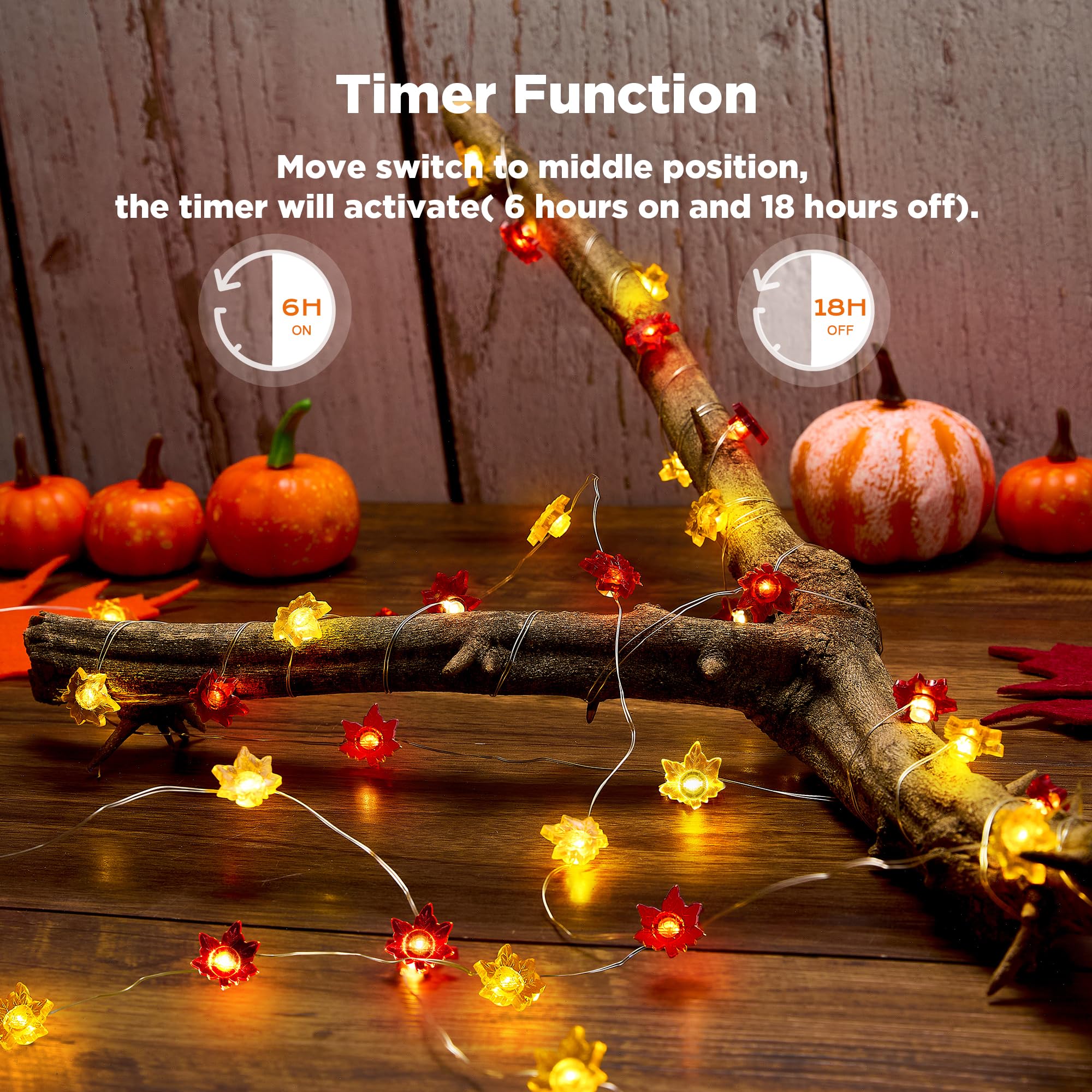 BlcTec 12.8FT 40 LED Maple Leaves String Lights, Battery Operated, Orange, Model BT-SL162, Indoor/Outdoor Fall Decorations
