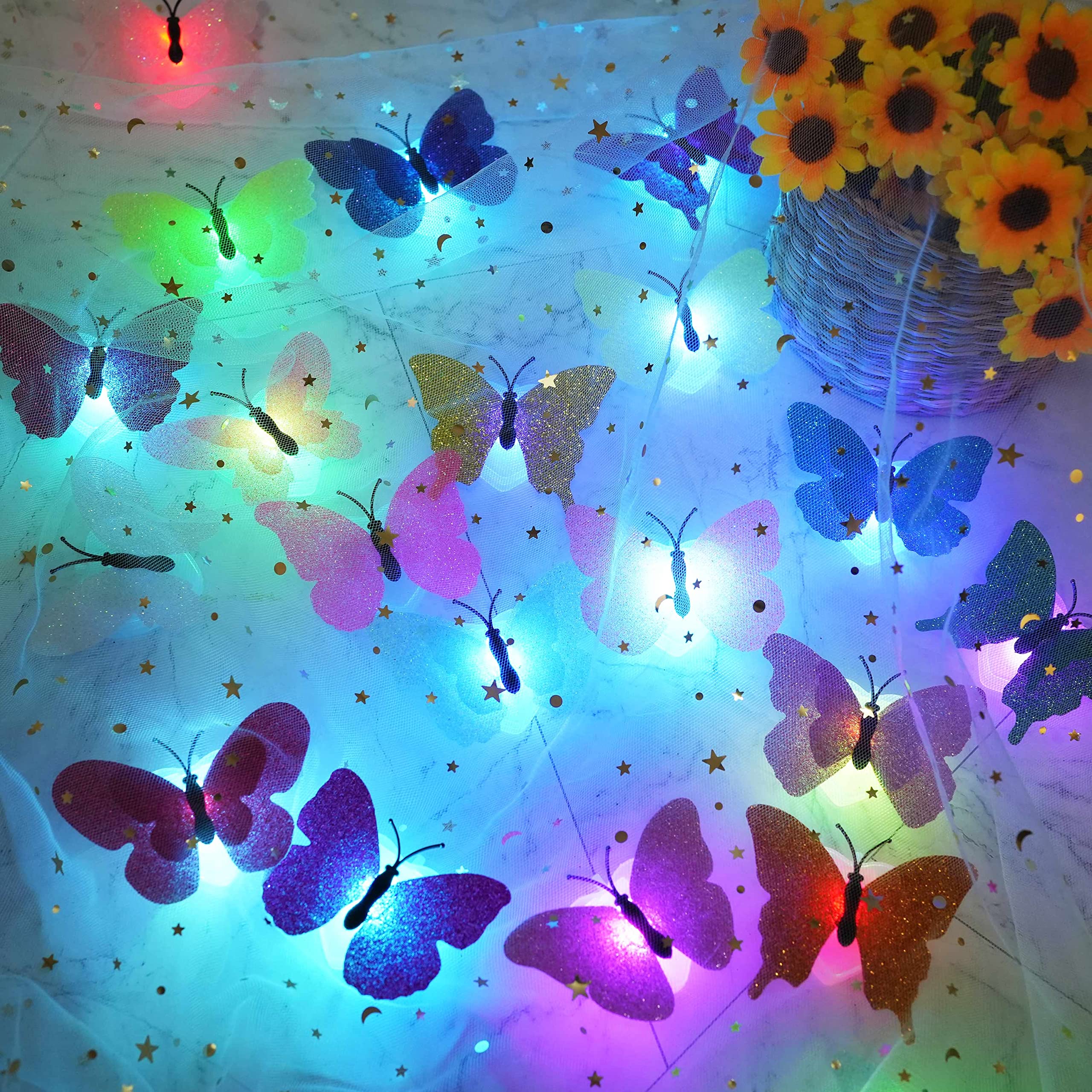 Cynzia 3D LED Butterfly Night Lights, 20Pcs, Multicolor, PVC Decoration for Bedroom, Garden, Party, Model 20P-SD-BNL-001