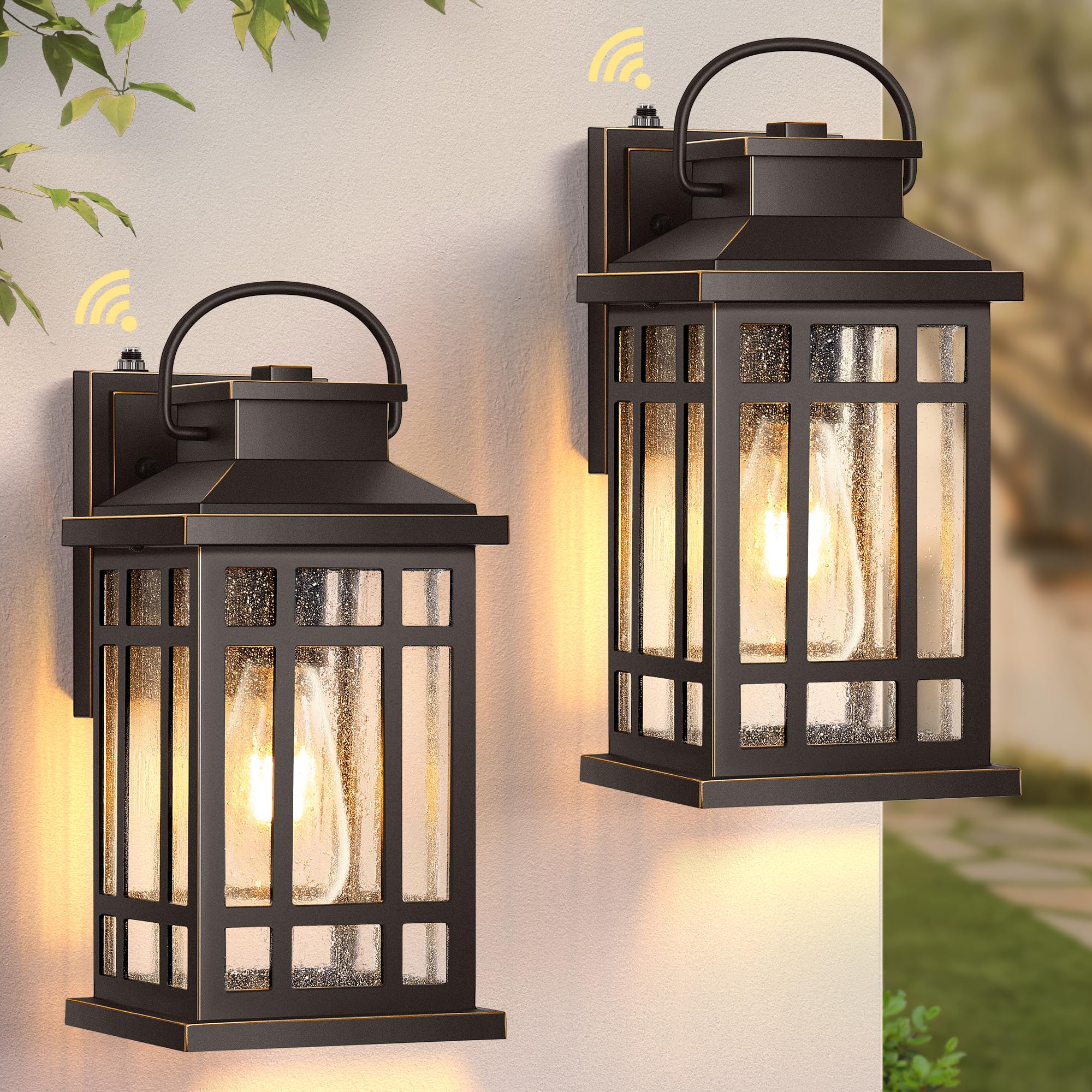 Dusk To Dawn Outside Lights  2-Pack Oil Rubbed Bronze Exterior Lighting Fixtures With Gold Trim  Modern Patio Wall Sconce With Seed Glass  Waterproof Anti-Rust Outdoor Wall Light For Porch  Garage
