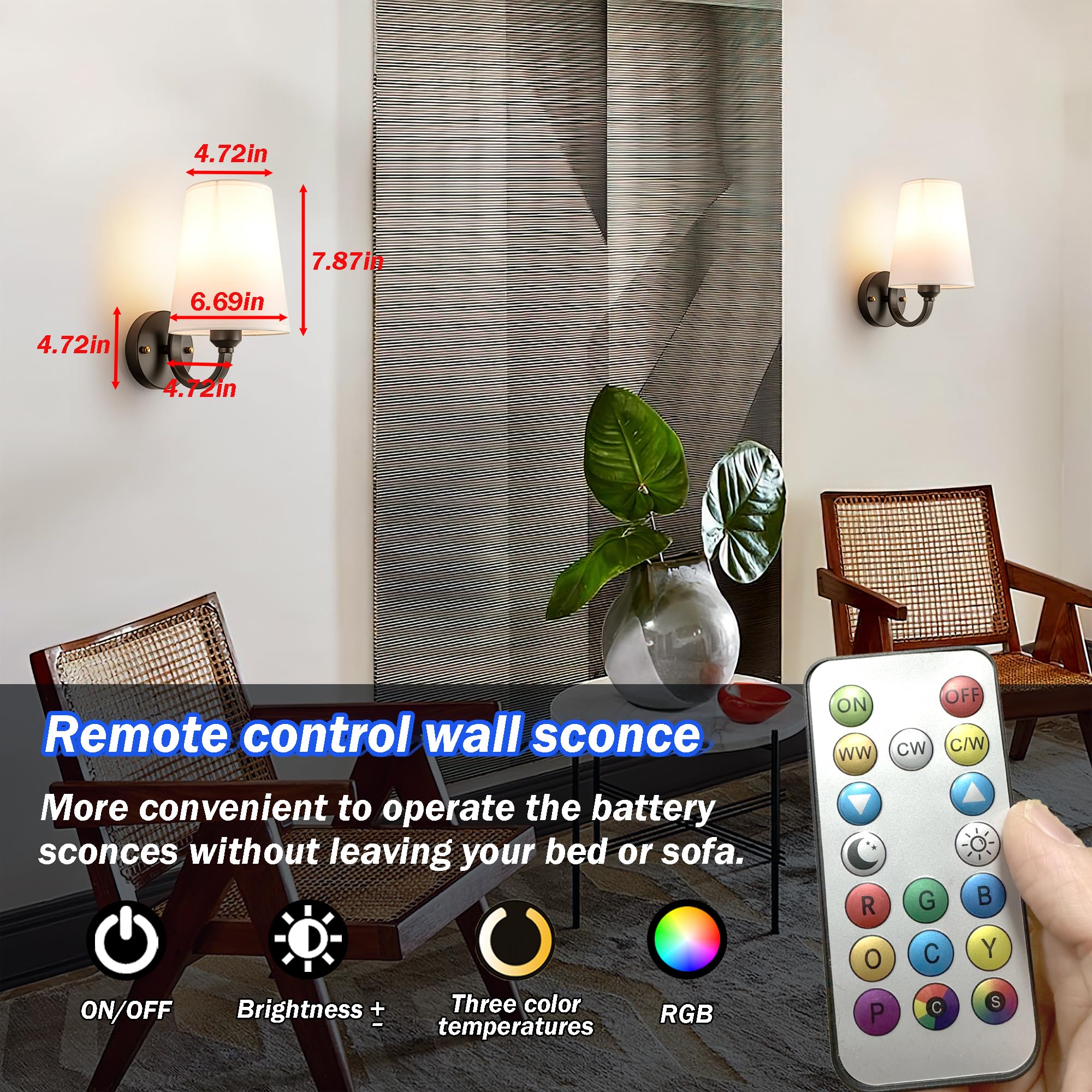 Slywise Battery Operated Wall Sconce Set Of 2, Rechargeable Rgb, Fabric, Black