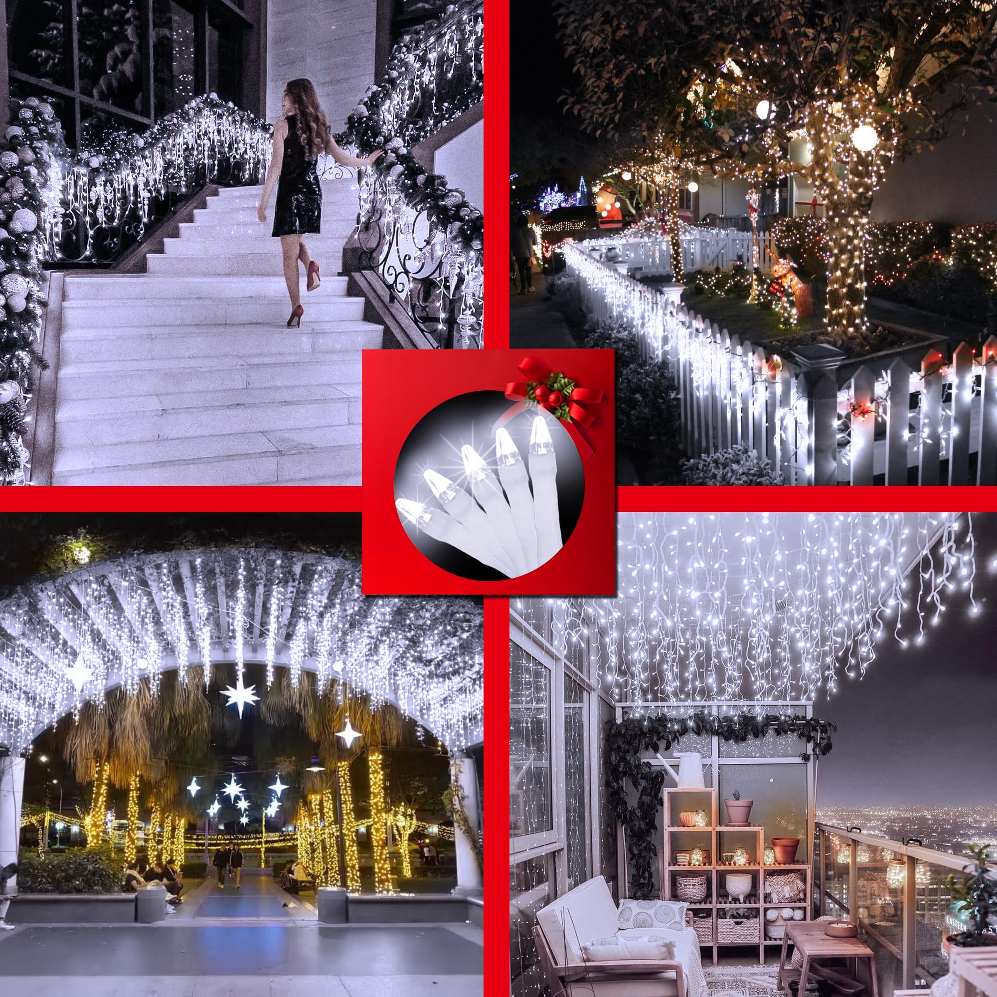 QUHUATU LED Christmas Outdoor Lights, 164ft Curtain Lights, 360 Drops, 8 Modes, Waterproof, Cool White, Model WX-1620L