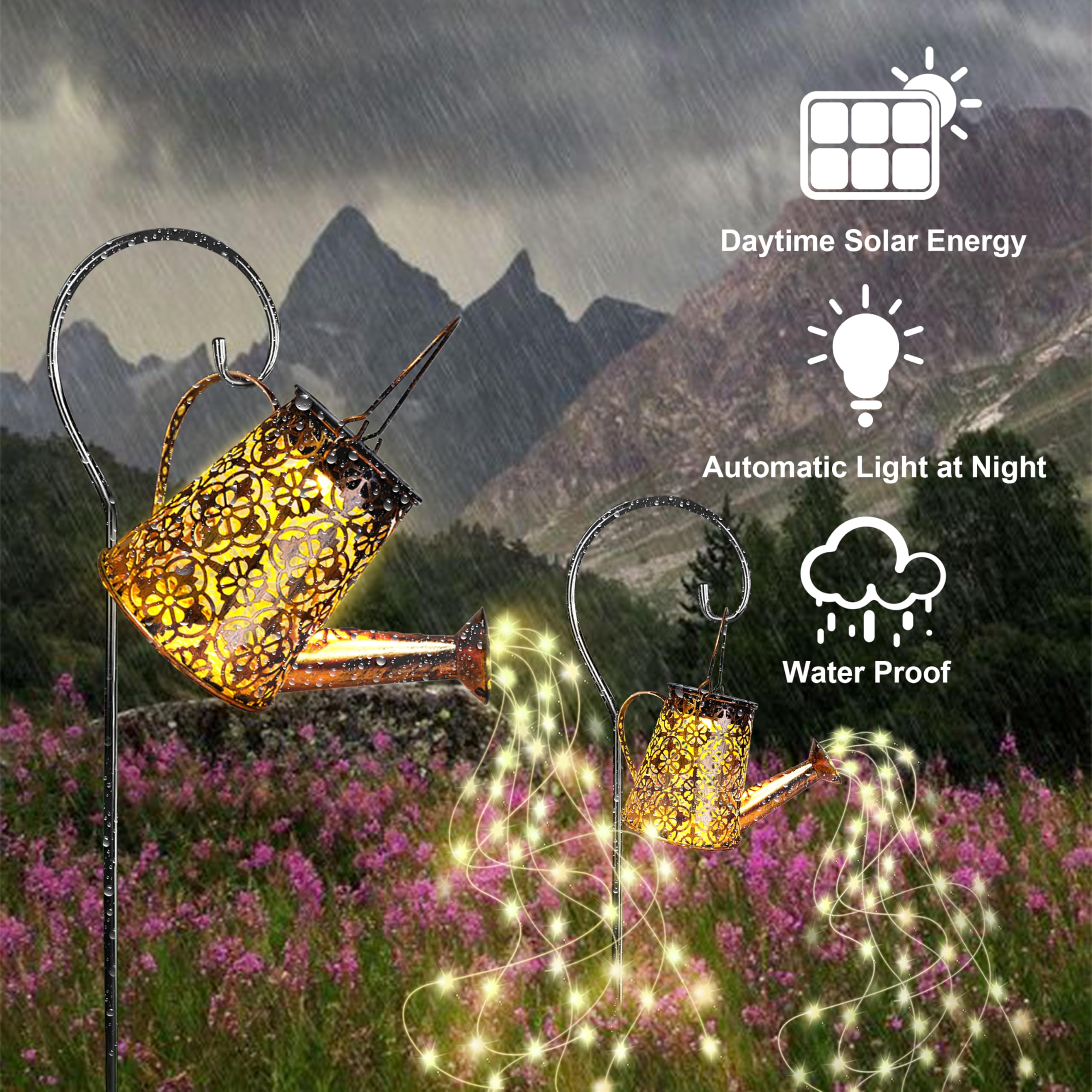 AWENDIETOU Solar Garden Watering Can Lights, Warm White, 2 Pack, Copper, Outdoor Hanging Lantern Decor