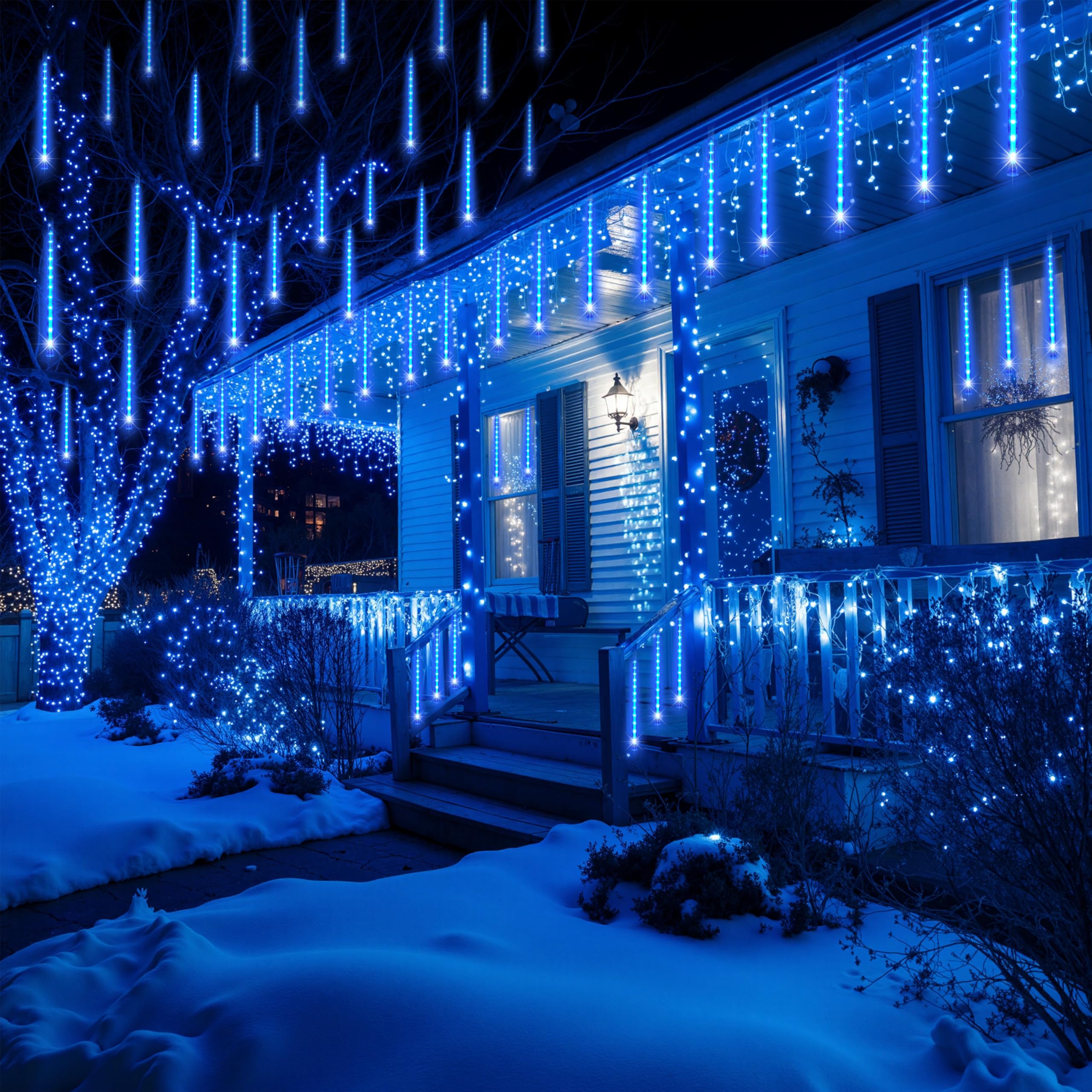 JOYIN Christmas Lights Outdoor, 8 Tubes Meteor Shower Lights, 192 LEDs, Blue, Model GP-SW070DC0857-IP44(US)A