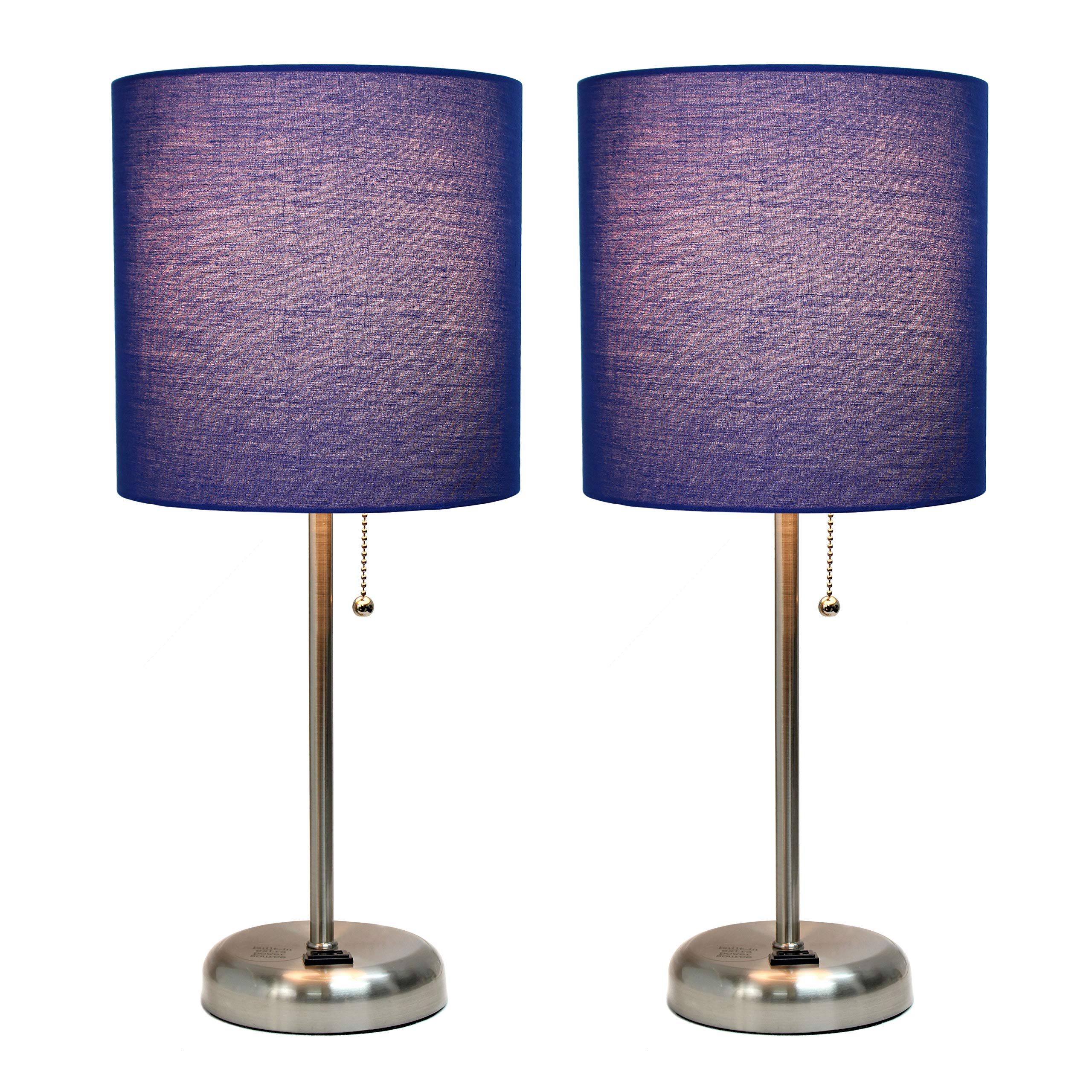 Simple Designs Lc2001-Nav-2Pk Brushed Steel Stick Table Lamp Set With Charging Outlet And Navy Blue Fabric Shades, 2 Pack Set