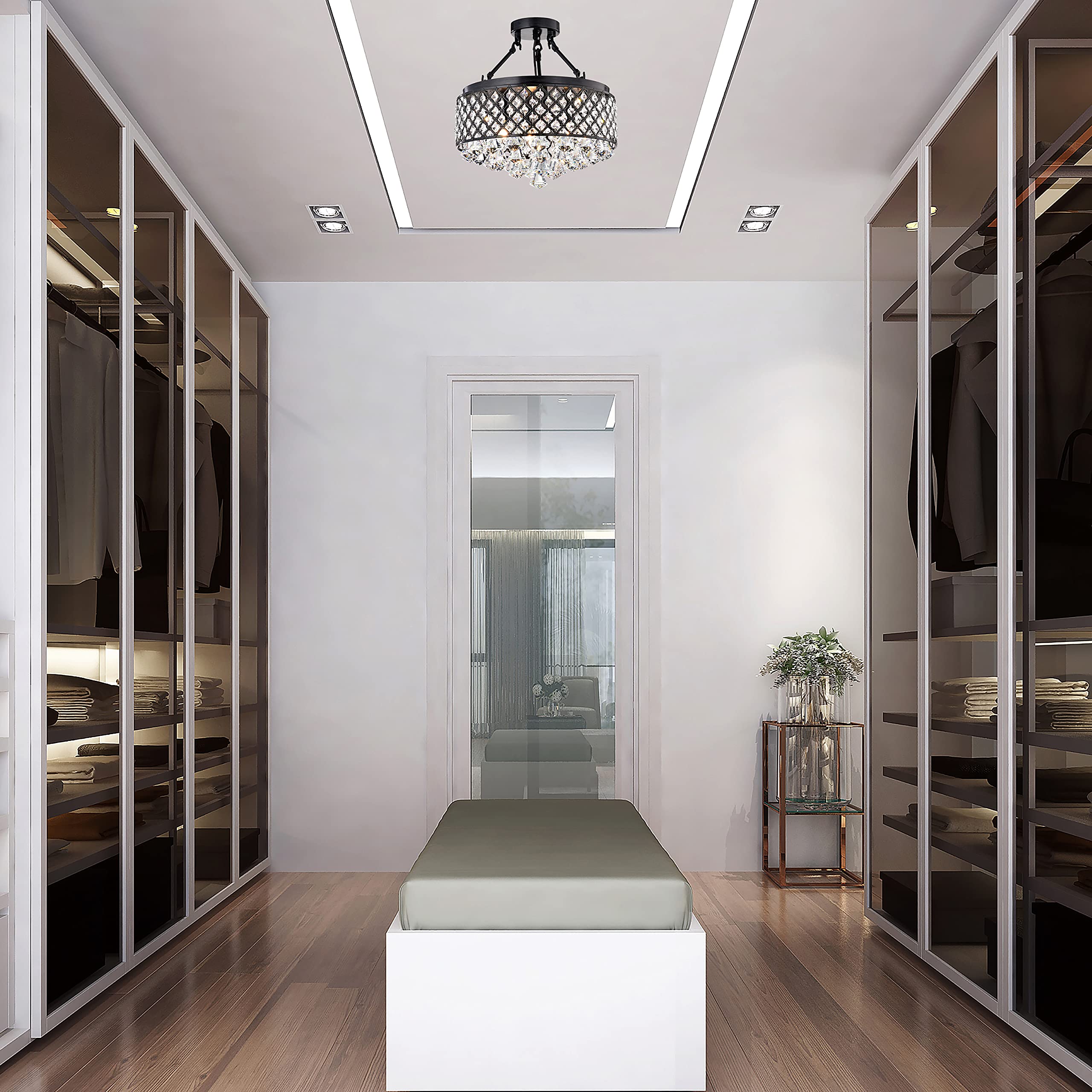 Edvivi Round Semi Flush Mount Crystal Chandelier, 4 Lights, Antique Black Finish, Metal, Semi-Flush, ESG406BL