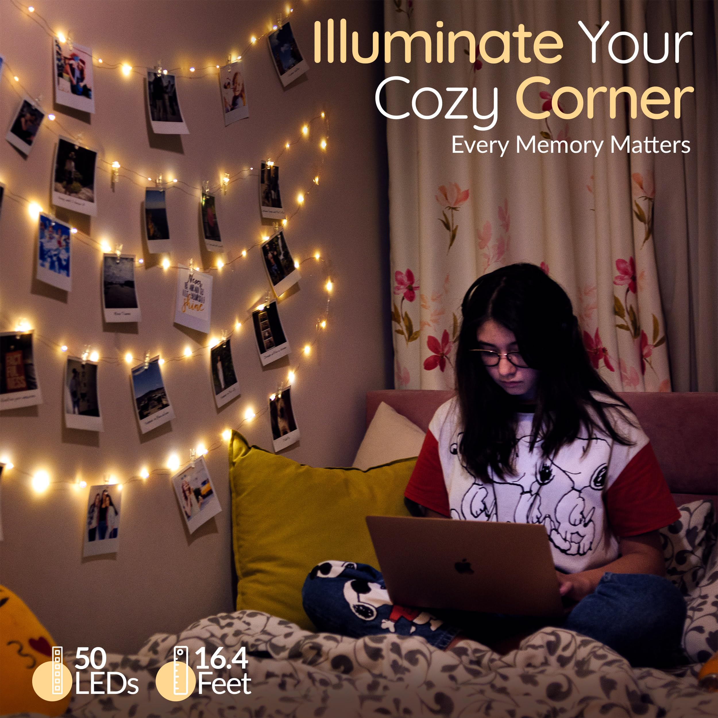 Mind-Glowing Photo Clips String Light - Warm White Fairy Lights With Clips For Hanging Pictures - Teen Girl Room Decor, Trendy Stuff - Birthday Gift For 8-14 Year Old Tween Girls (50 Led, 16.4 Ft)