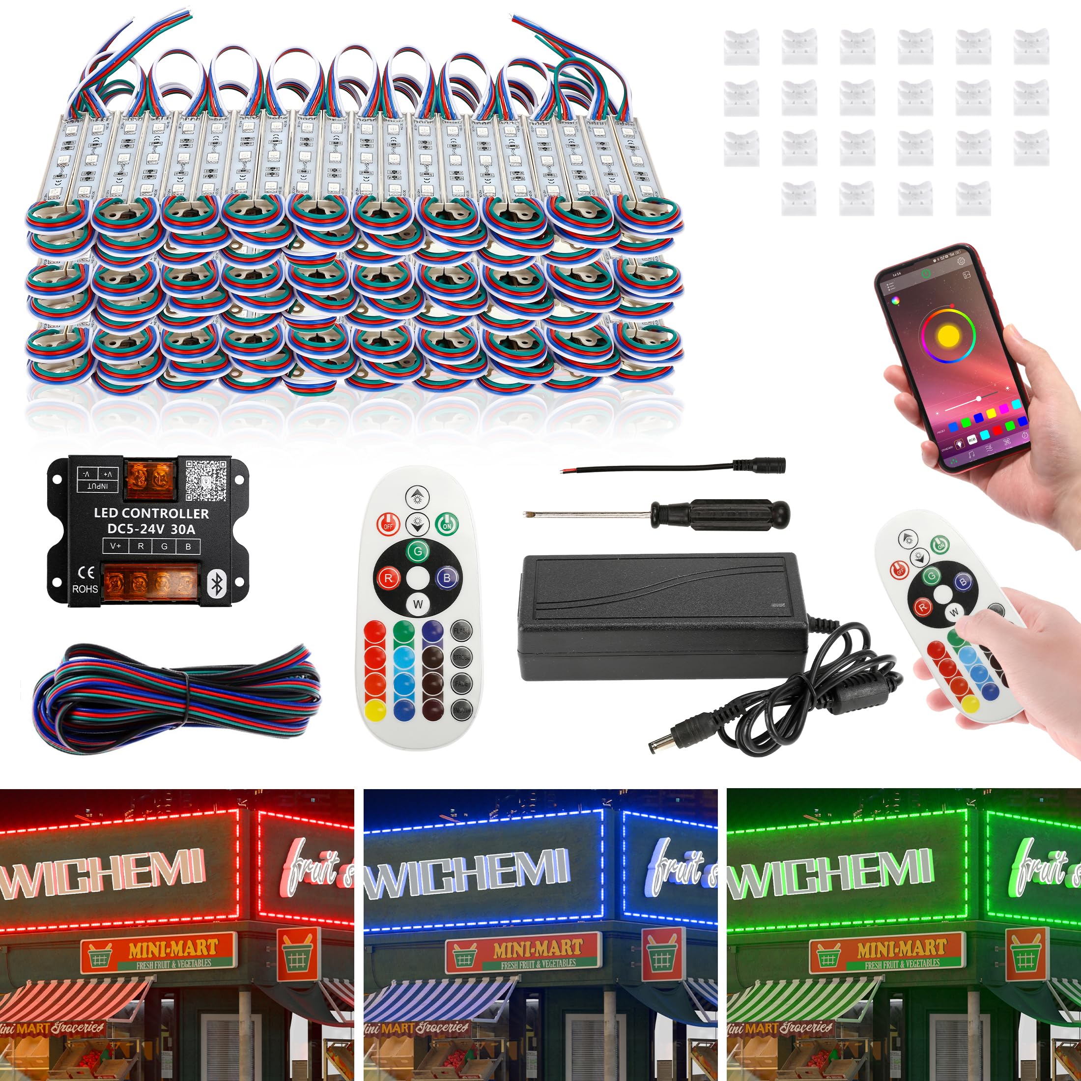 WICHEMI LED Strip Lights 100ft 200PCS RGB Waterproof Bluetooth Control Model BI00431WCM1
