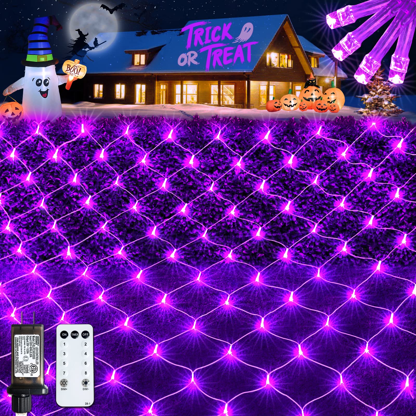 JMEXSUSS 360 LED Purple Net Lights, 12 ft x 5 ft, Waterproof Halloween Bush Lights with Remote, Model EXS-N-0360-R