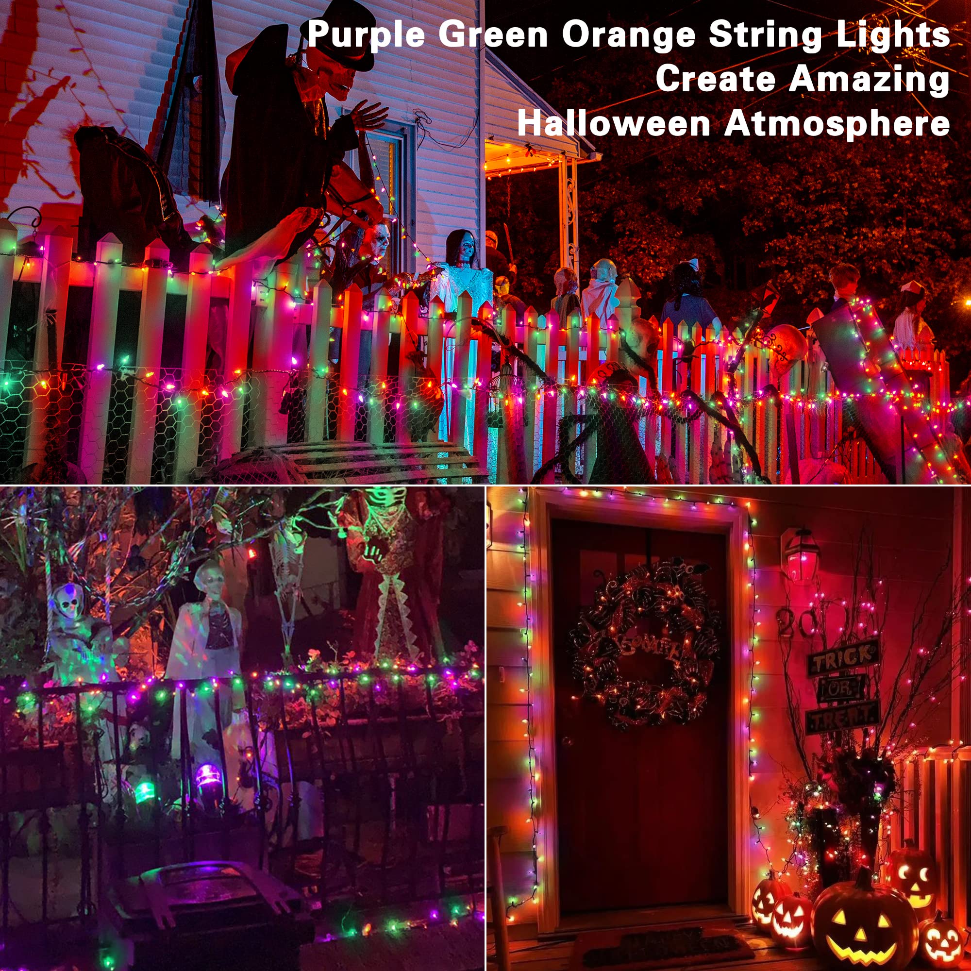 Brizled Purple Green Orange Halloween String Lights, 33Ft 100 Led Halloween Lights Outdoor, 120V Ul Listed Purple Orange String
