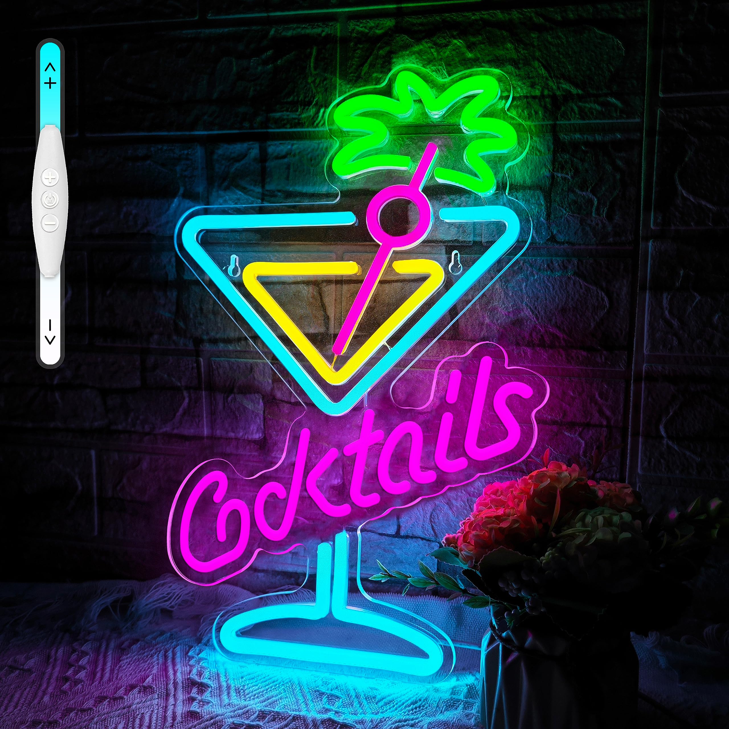 JIARODEY Neon Sign LED Cocktail Glass Wall Light, Dimmable, USB Powered, 15.7x10 inches, Acrylic, Model JWJ-2, Color: Cocktails