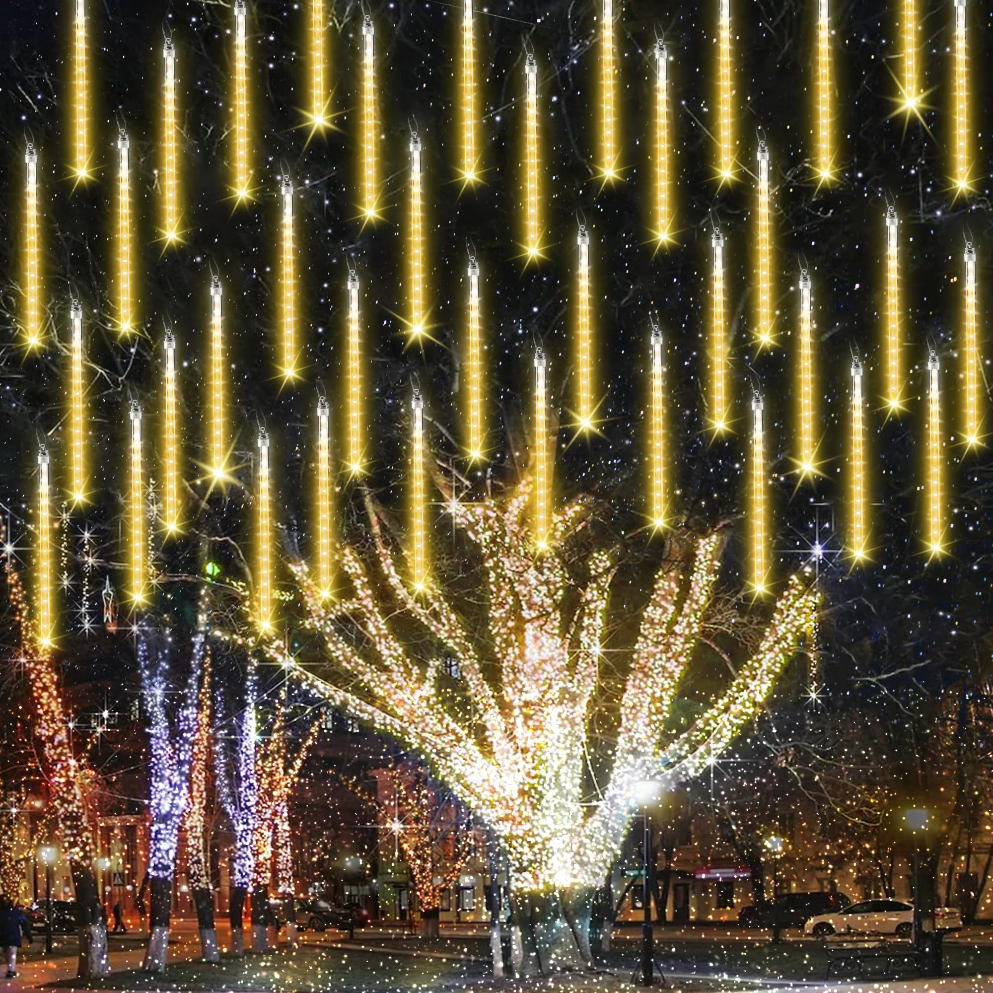 iBaycon LED Meteor Shower Lights, 20 Tubes, 11.8in Warm White Waterproof Cascading Icicle Lights, Model SSL0480-C-D-7V