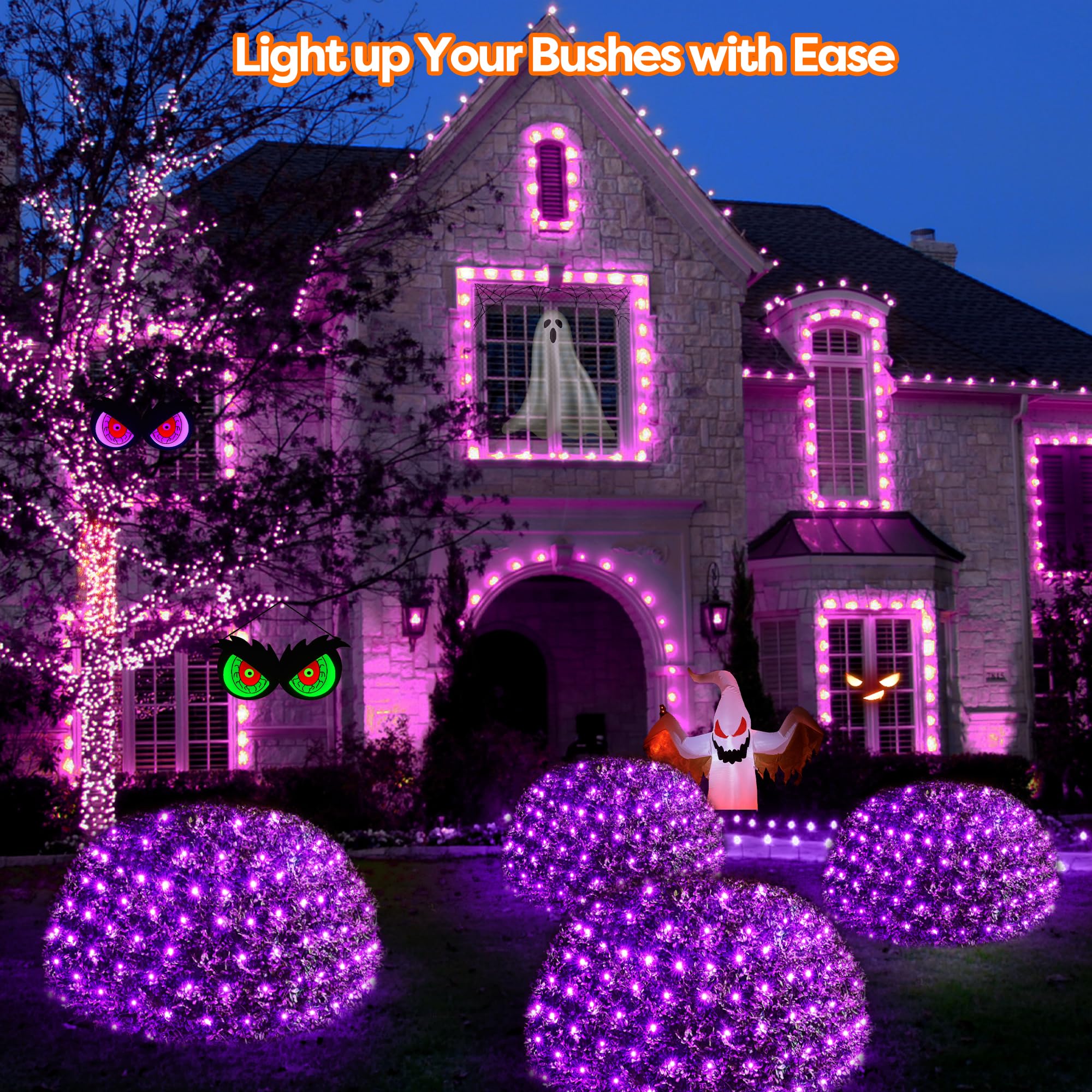 WBao Solar Halloween Lights, 200LED Net Lights, 8 Modes, Timer, IP65 Waterproof, Dark Green Wire, Purple, 8.4ft x 5.2ft