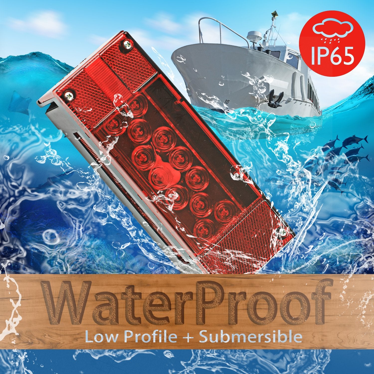 Wellmax 12V LED Trailer Lights, Waterproof Low Profile Rectangular, Red, Model WM51053