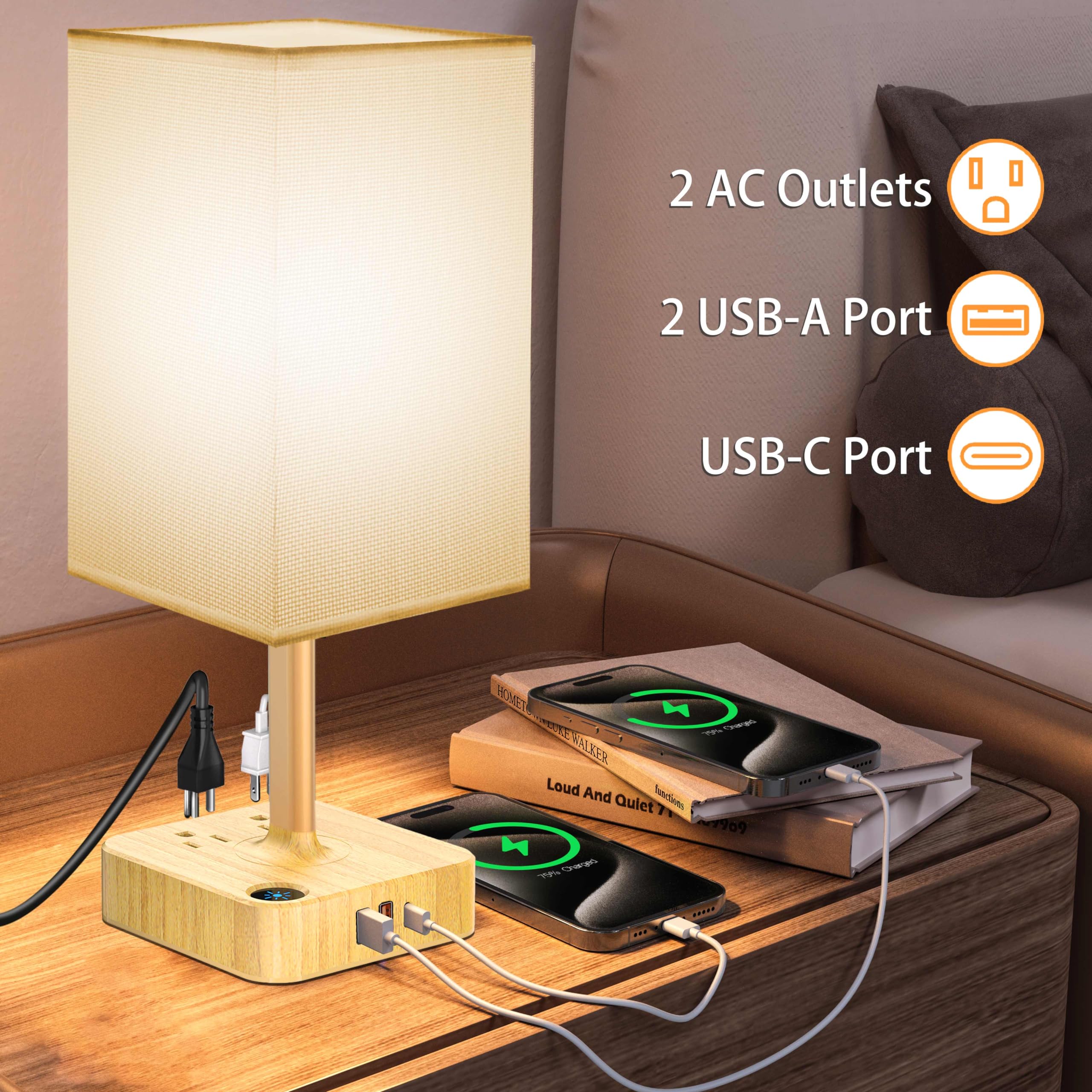 Cozoo Usb Bedside Table Desk Lamp With 3 Usb Charging Ports And 2 Ac Outlets,Dimmable Nightstand Lamp With Charger Base White Fa