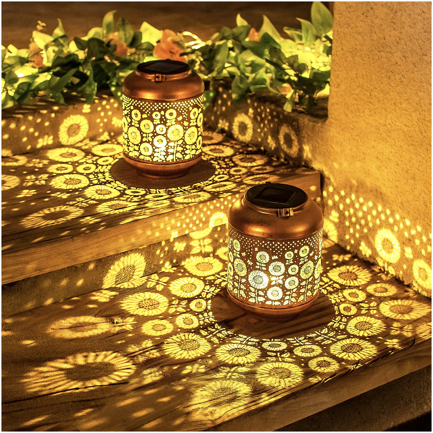 2 Pack Sunflower Solar Lanterns Outdoor Waterproof Hanging Solar Lights Sunflower Gifts for Women Men Mom Metal Decorative LED O