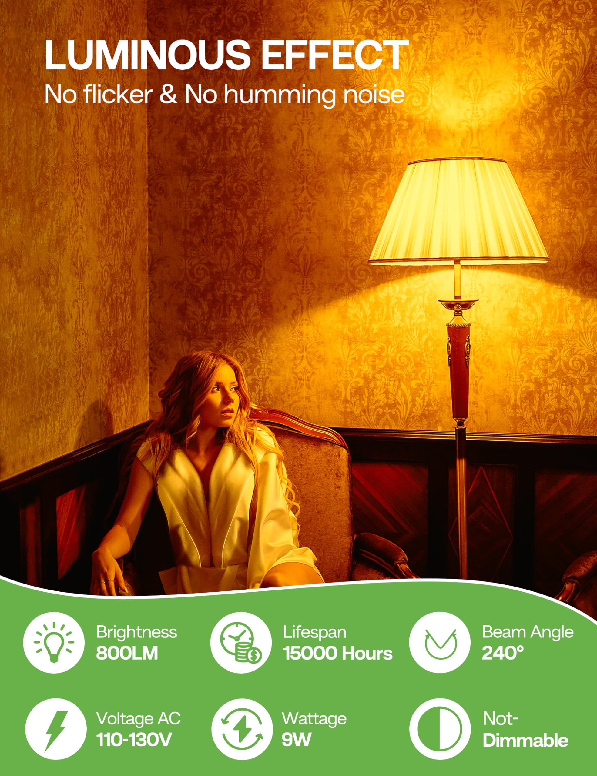 Eastiya Amber Light Bulbs 9W, Blue Blocking 60W Equivalent, 2 Pack, E26, Aluminum, Warm 1800K for Bedroom & Nursery