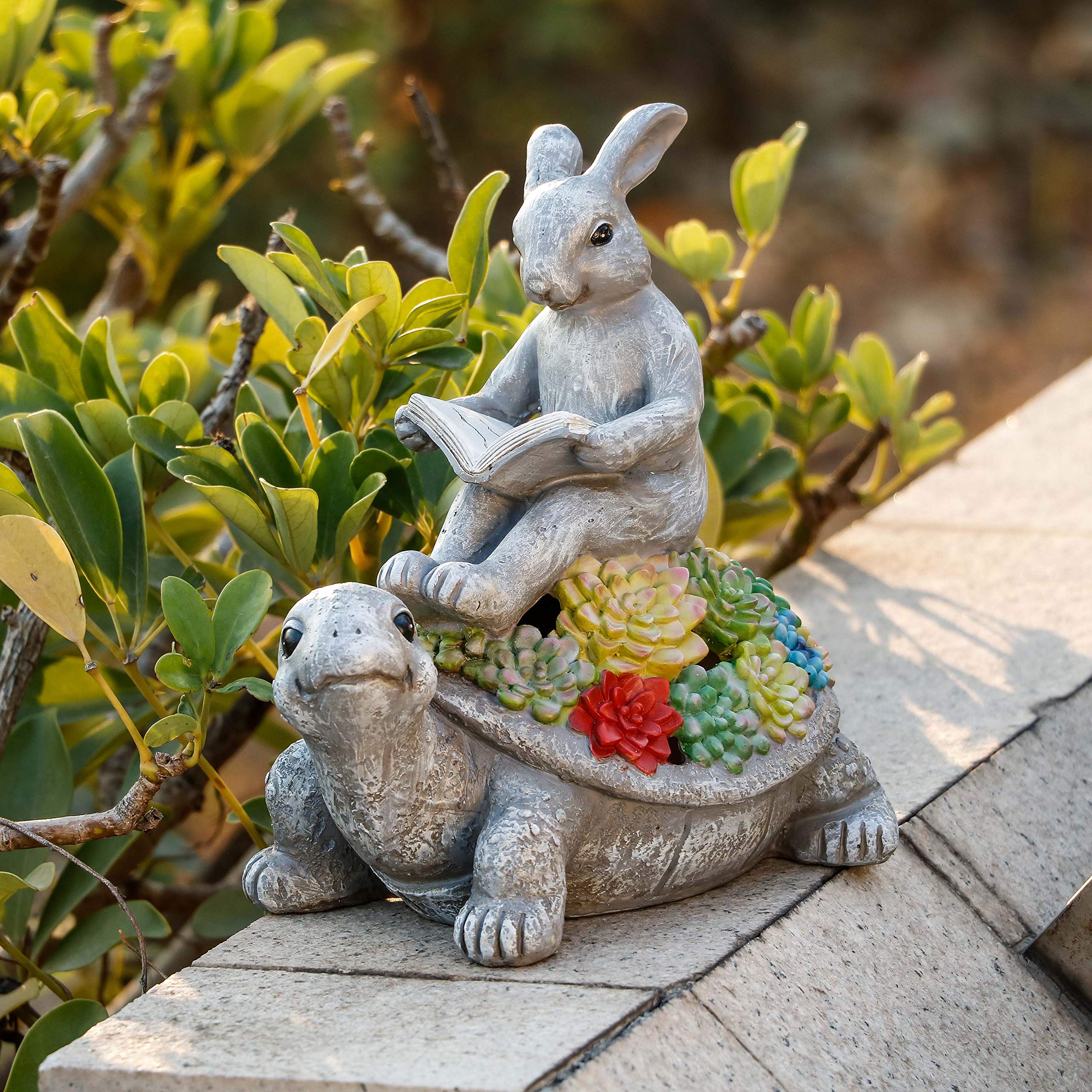 TERESAS COLLECTIONS Garden Statues Rabbit Turtle Solar Light, Gray, Large, Resin, 9in Outdoor Decor for Lawn Patio Yard