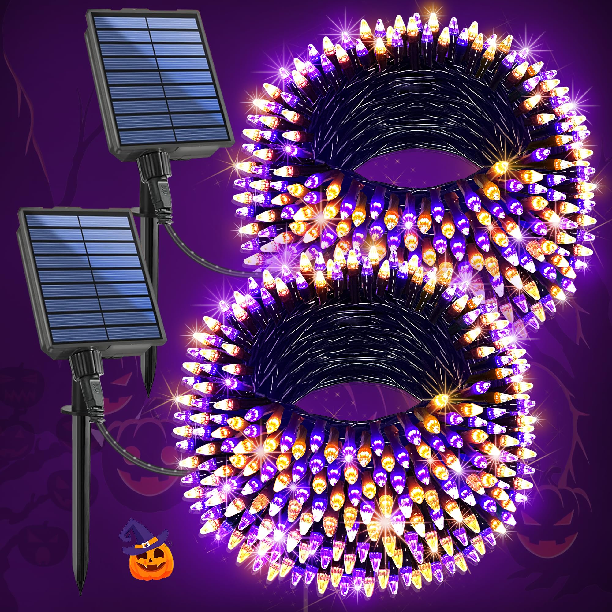 2-Pack 200Ft Halloween Solar String Lights For Outside, 600 Led Extra-Bright Solar Light Outdoor With 19 Modes & Timer, Waterproof Fairy Solar Lights For Garden Patio Tree Decorations Orange & Purple