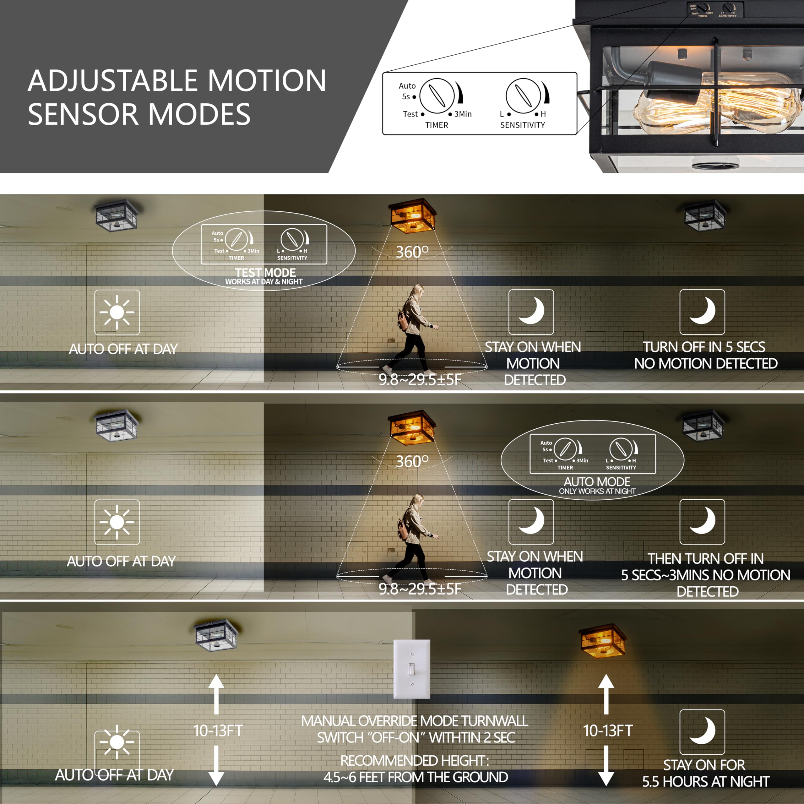 Oupavocs Modern Outdoor Ceiling Light With Motion Sensor, Clear Glass, 2-Light Farmhouse Fixture