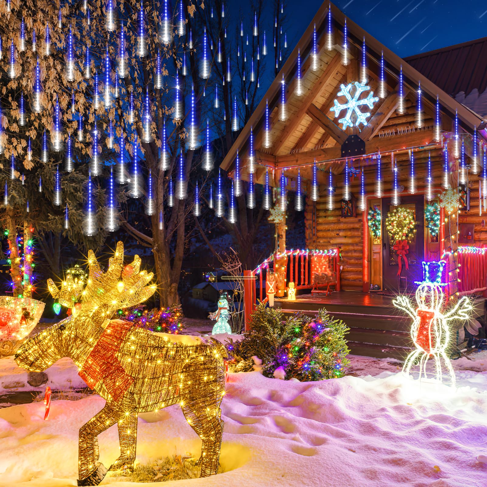 Knonew 2Pack Total 48 Tube Meteor Shower Lights 15 In 672 Leds Christmas Lights Outdoor Waterproof Plug In Falling Rain Light For Xmas Tree Wedding Party Garden Decorations (Blue And Cool White)