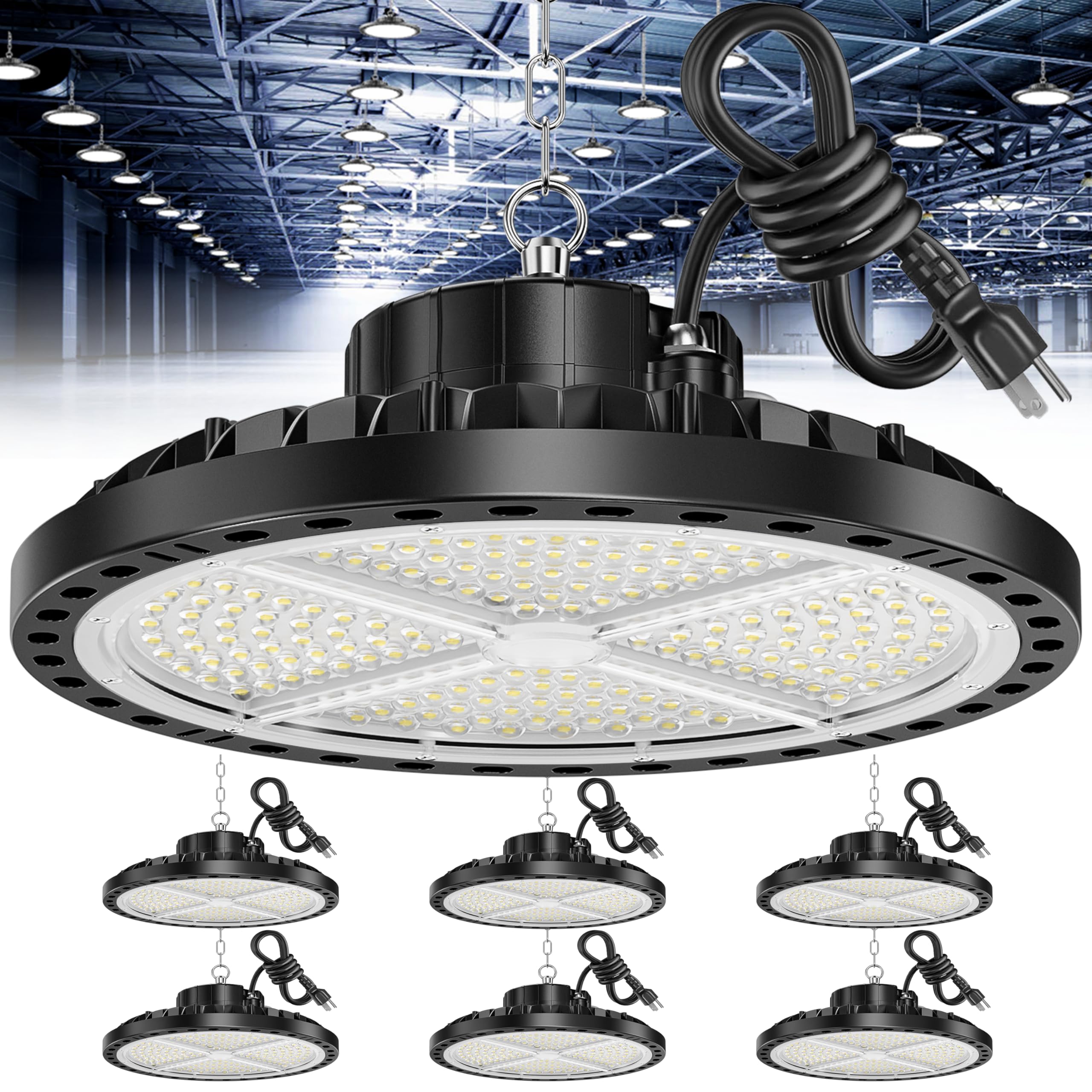 ISKYDRAW UFO LED High Bay Light 200W, 6 Pack Shop Lights for Warehouse with Plug, 30000LM 6500K Daylight IP65 Waterproof Commerc