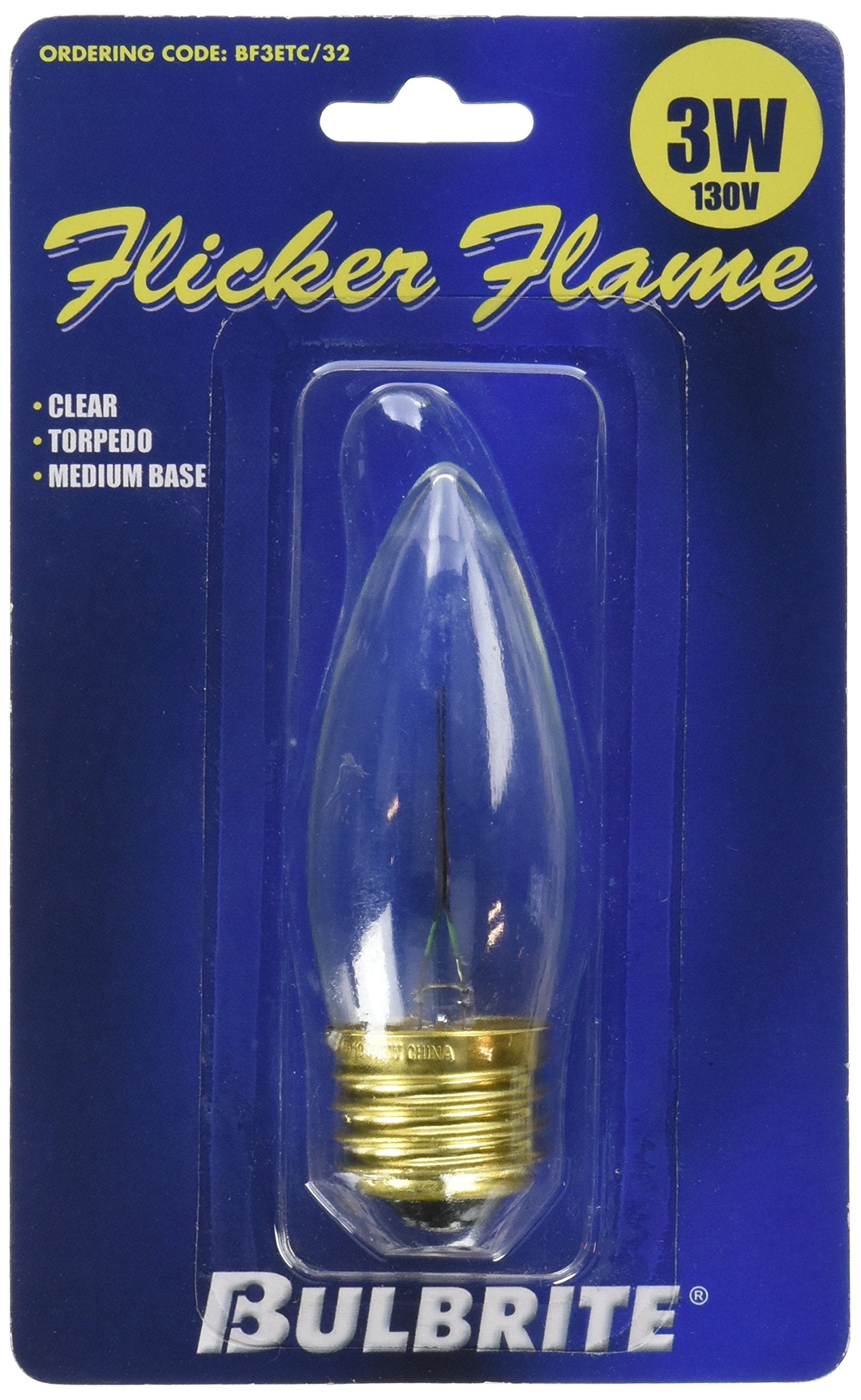 Bulbrite BF3ETC/32 Medium Base, 130V 3-Watt Incandescent Torpedo Chandelier Flicker Bulb, Clear