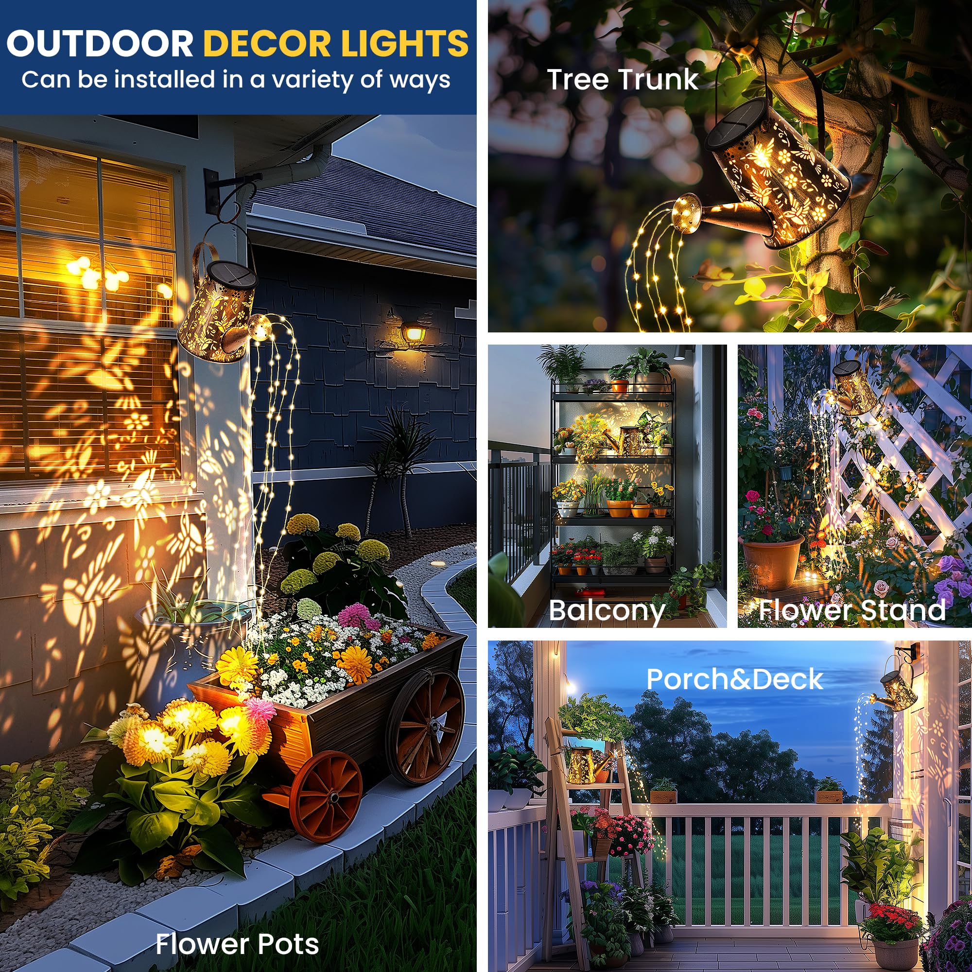 PATIOPIA Solar Lights Outdoor Garden Lanterns, Large Watering Can Decor, Gold, Metal, 2 Pack, Model 9204