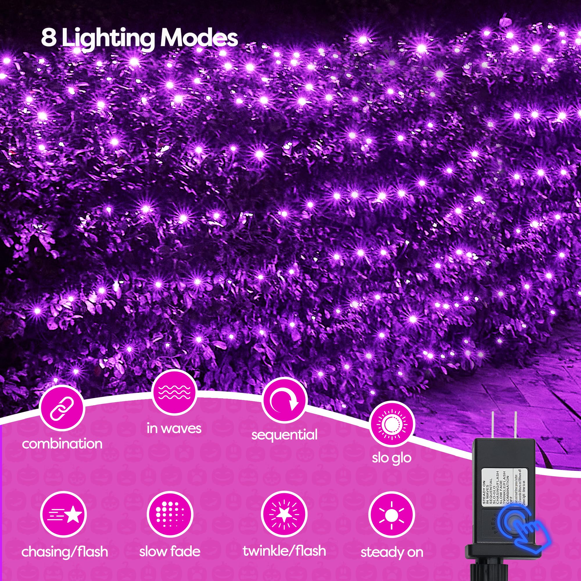 Wbao Halloween Net Lights, 200Led 8.4Ft X 5.2Ft Purple Halloween Lights With 8 Modes, Timer, Connectable, Waterproof & Sturdy Dark Green Wire For Lawn, Bushes, Trees, Outdoor Halloween Decorations