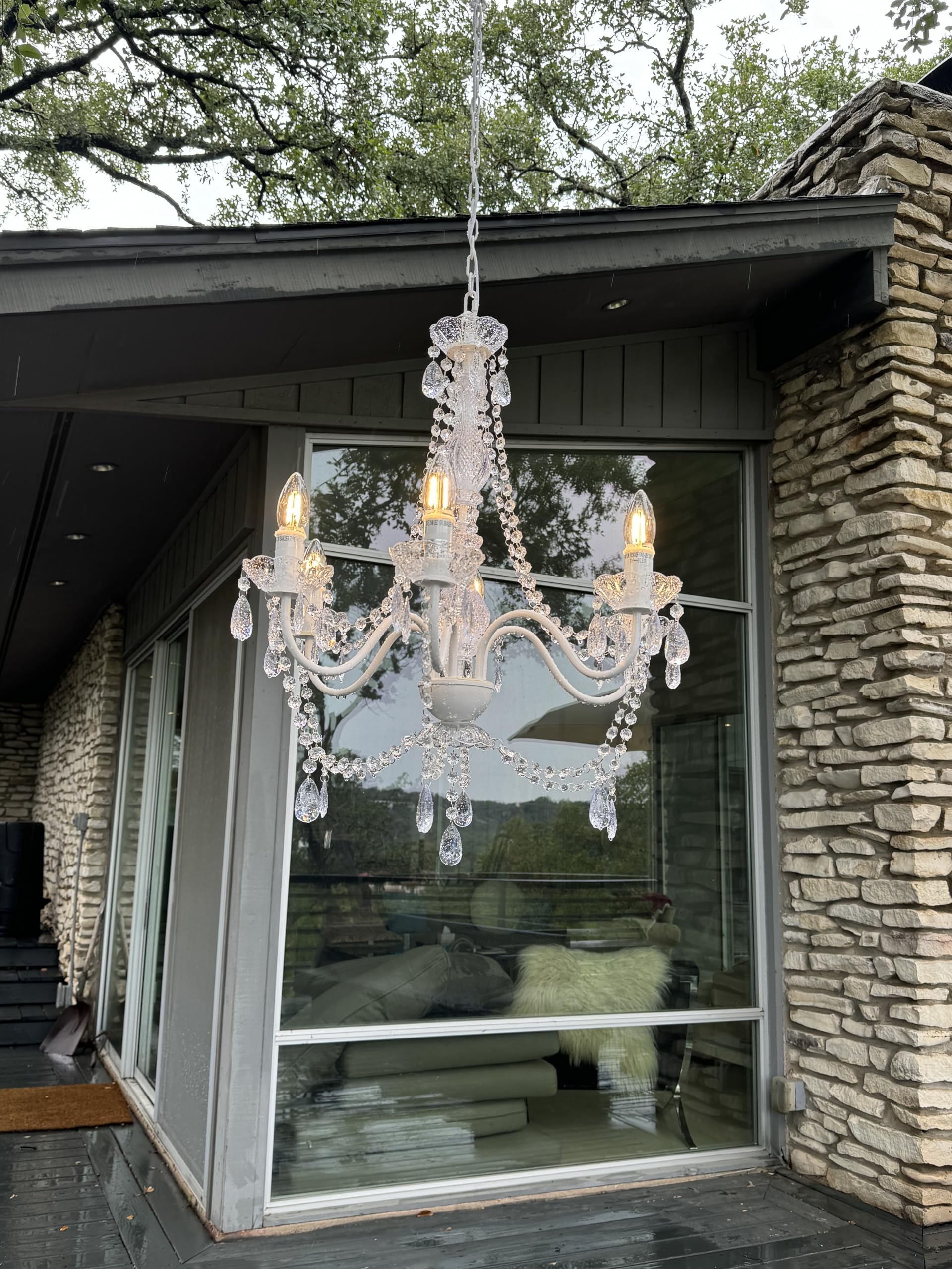 Brink House 6-Light Crystal White Chandelier, Stainless Steel, IP65 Water Resistant, H26”xW22”, Model BHOD6LCL