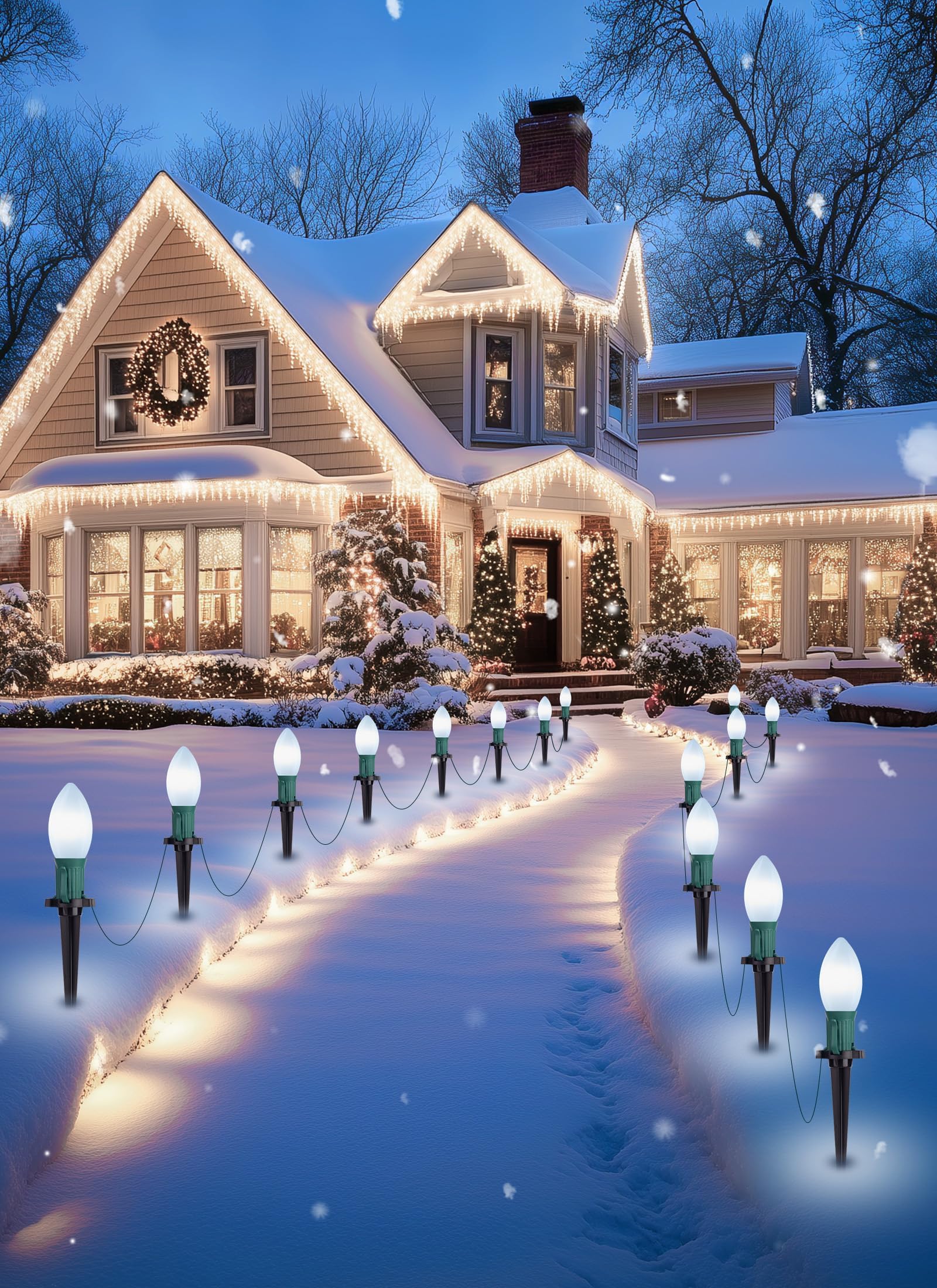 Brightown C9 LED Christmas Lights, 51.4Ft with 40 Bulbs, 2 Packs, Pure White, Outdoor Decorations for Driveway and Walkway