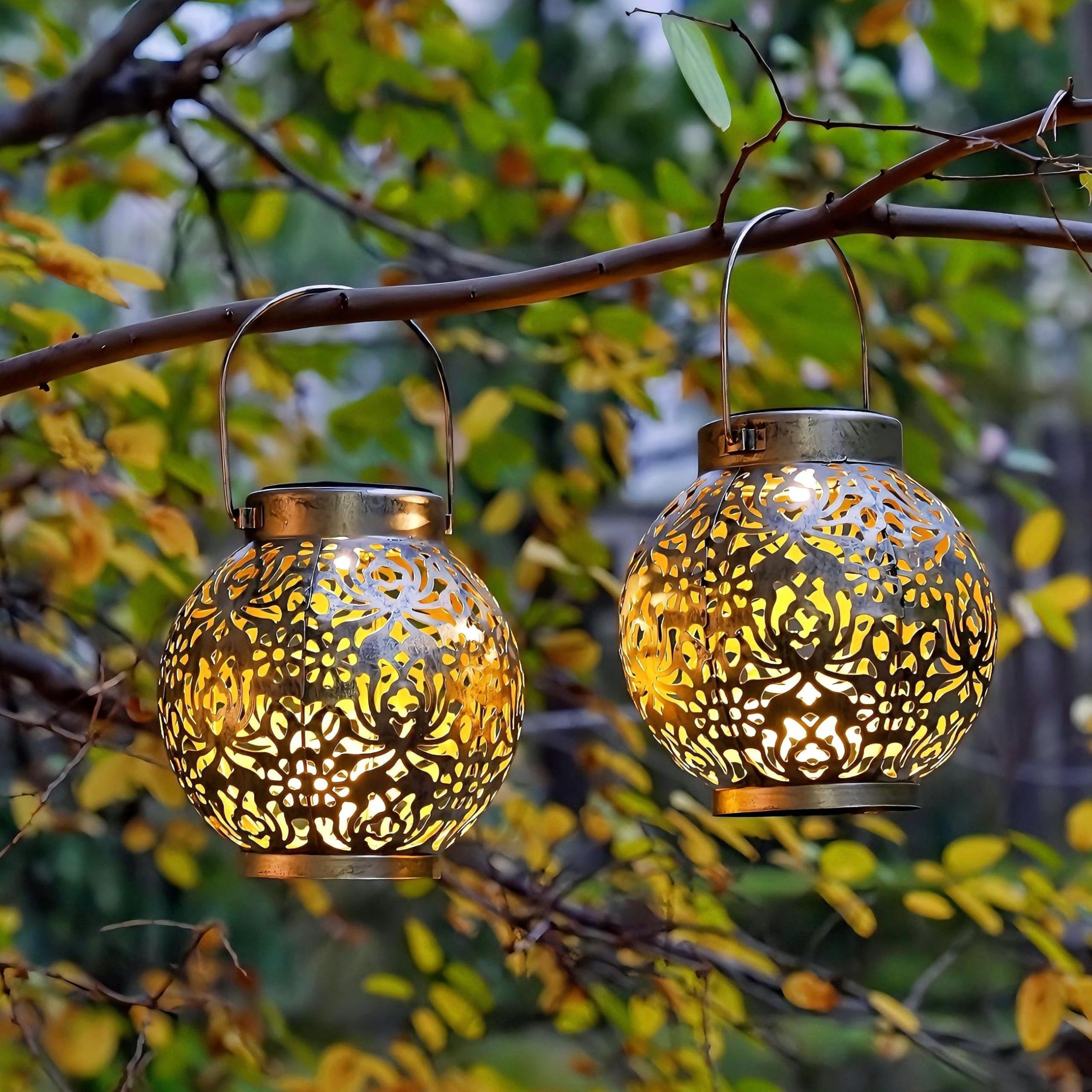 Set Of 2 Outdoor Solar Hanging Lantern Lights Metal Led Decorative Lamp For Garden Patio Courtyard Lawn And Table With Hollowed-