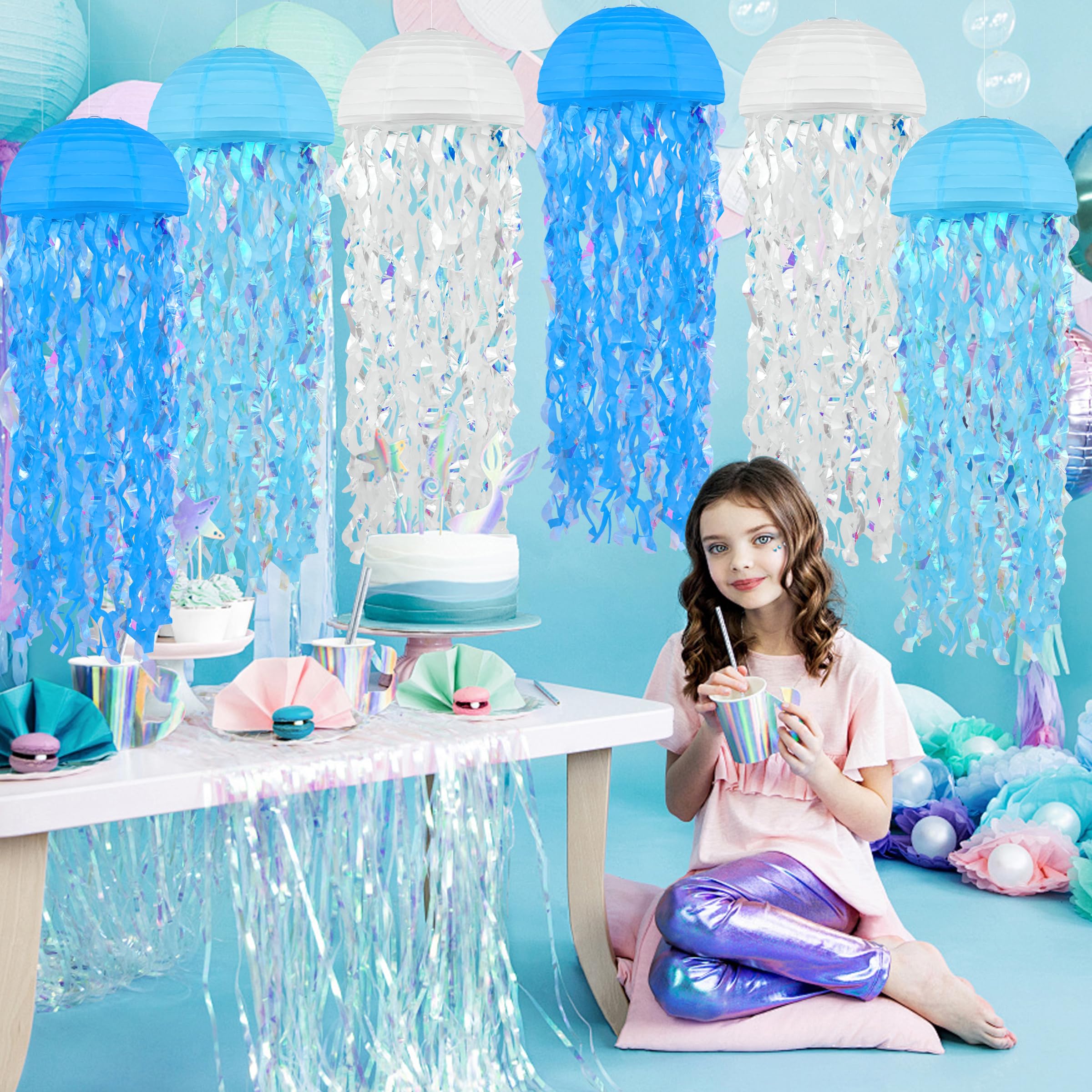 Bisanzoya 8 pcs Jellyfish Paper Lanterns Ocean Decorations, Metal, Dark Blue/Light Blue/White, for Birthday & Baby Shower