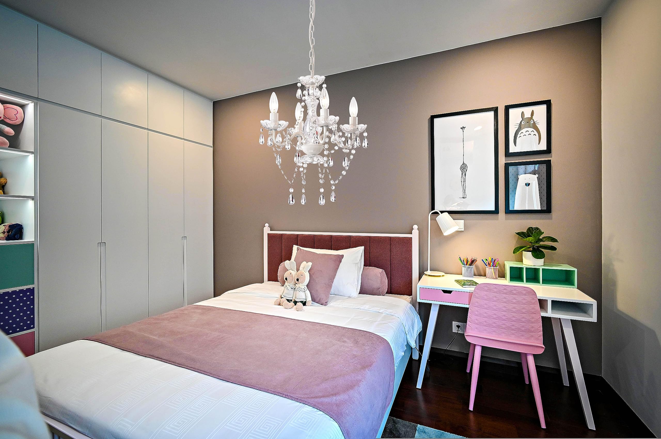 LaLuLa Mini Crystal Chandelier - 4 Light Modern Pendant - Small Acrylic Lighting - White Metal Fixture
