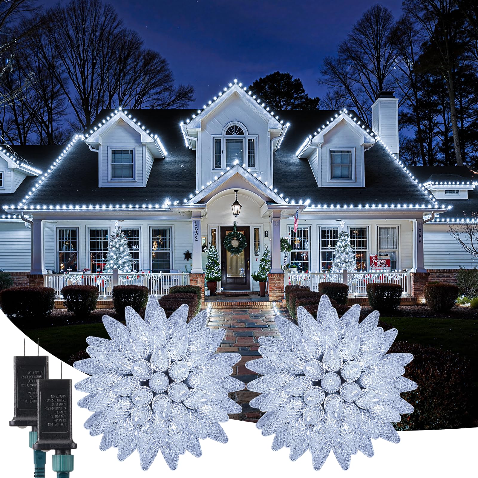 C9 Led Christmas Lights Outdoor  72 Ft 110 Led C9 String Lights  8 Modes & Timer Connectable Waterproof For Christmas Tree Light Indoor Outdoor Roofline Patio Garden Yard Xmas Decoration  White 2 Pack