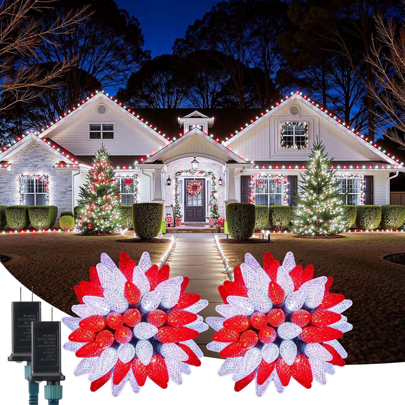 C9 Outdoor Christmas Lights  72 Ft 110 Led C9 String Lights  8 Modes & Timer Extendable Waterproof For Christmas Tree Indoor Outdoor Roofline Patio Outside Garden Backyard Xmas Decor  Red White 2 Pack
