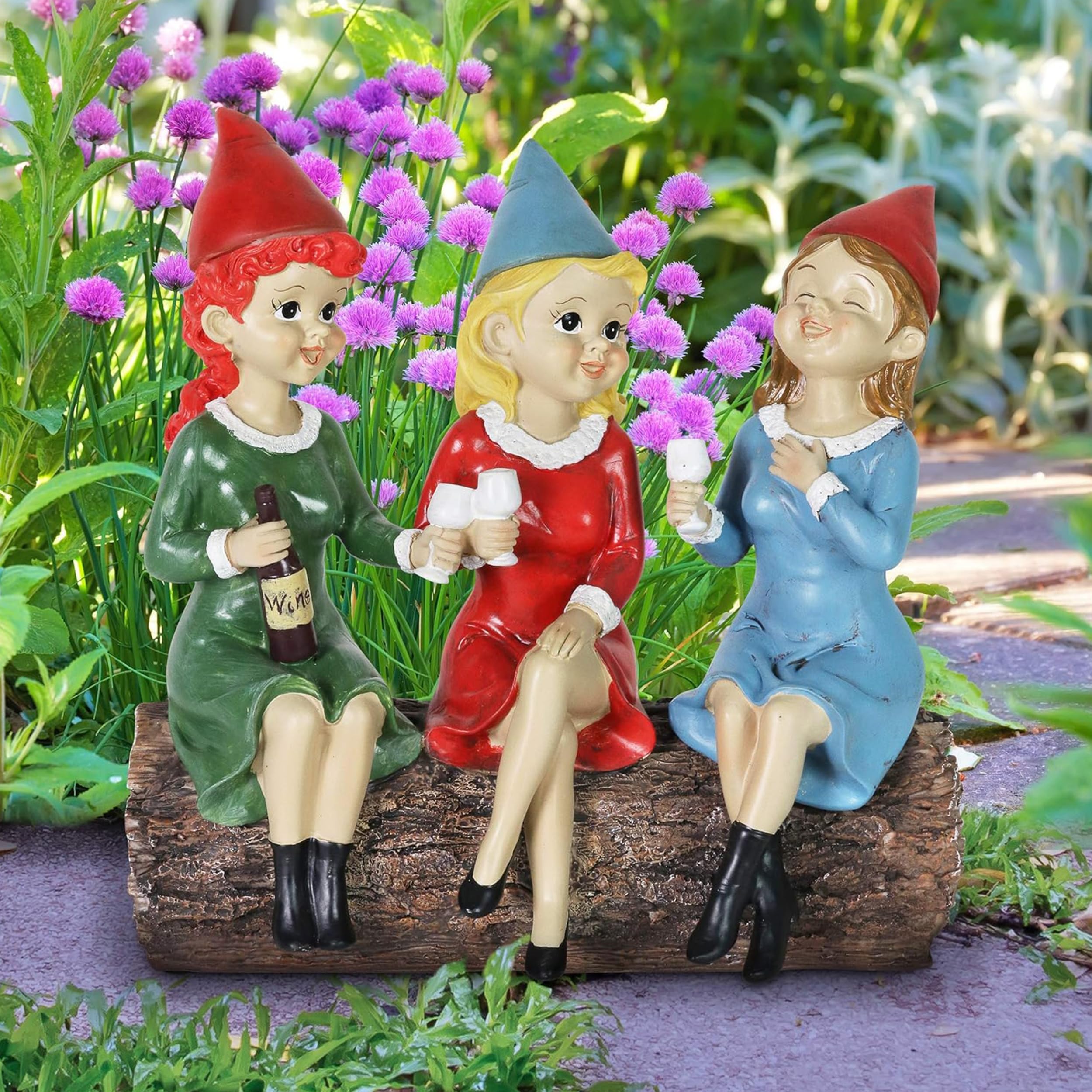Exhart Garden Gnomes, Girl'S Night Wine Drinking Solar Garden Gnome Statue, Led Hats, Outdoor Lawn And Yard Decoration, 5.5 X 10