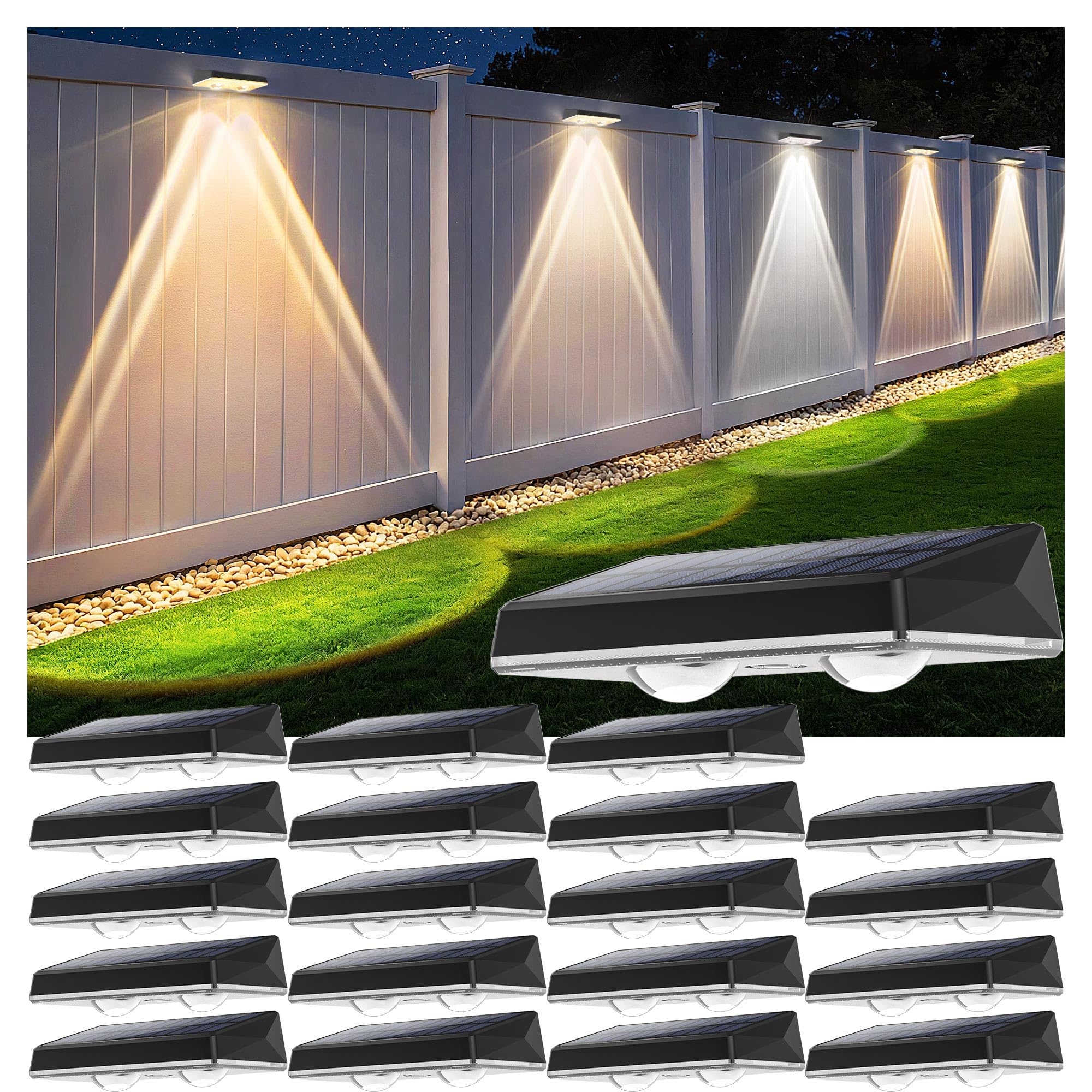 Solar Fence Lights Outdoor  20-Pack 120LM Fence Lights Solar Powered  IP67 Waterproof Dusk to Dawn Auto On/Off 12+ Hours for Outside/Backyard/Wall/Step/Patio/Deck/Pool (3000K/4000K/6000K White)