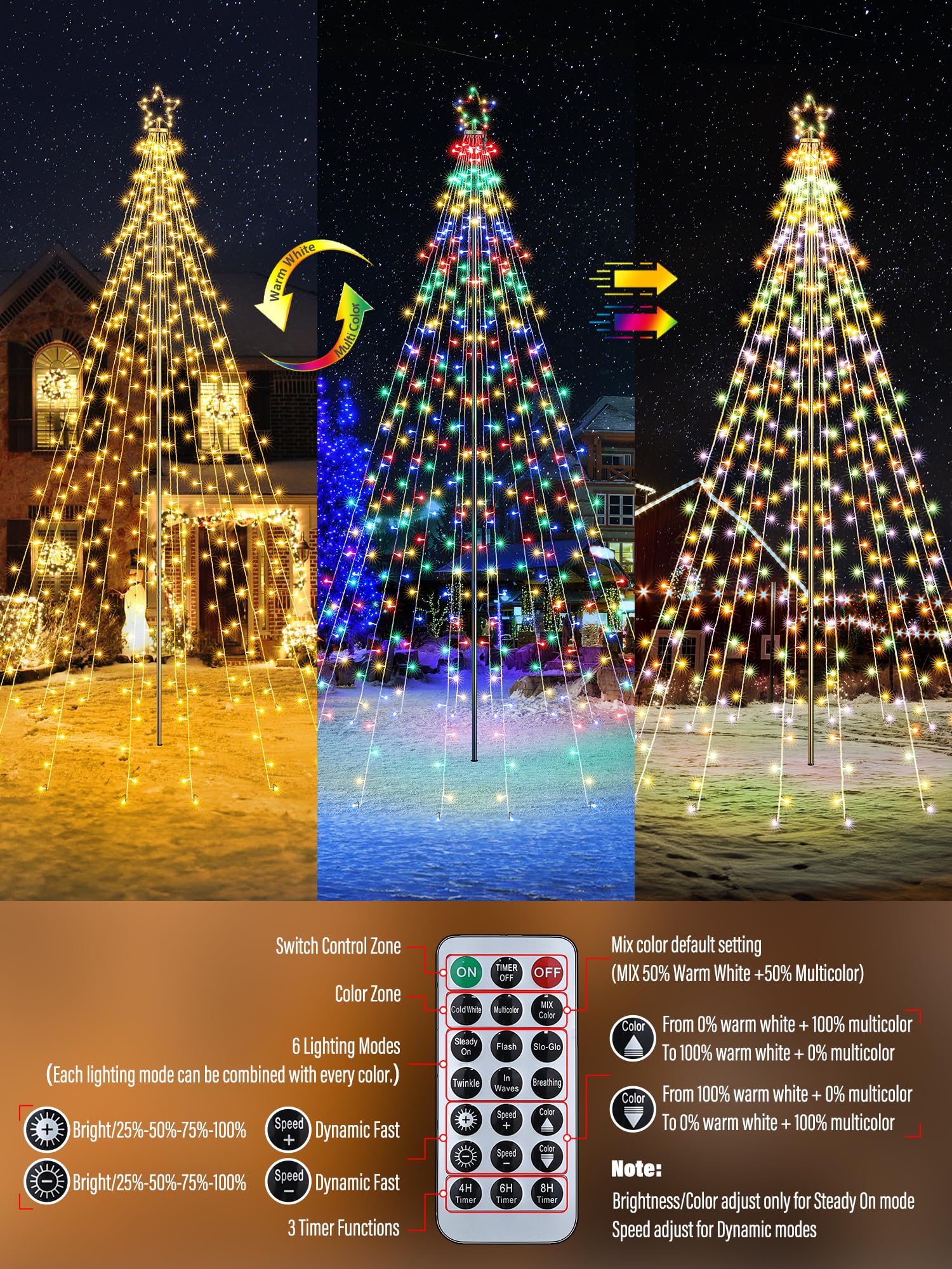 Flacchi Christmas Decorations Outdoor Star String Lights - 16 Ft Pole Set With Remote, Multiple Lighting Modes Timer Waterproof