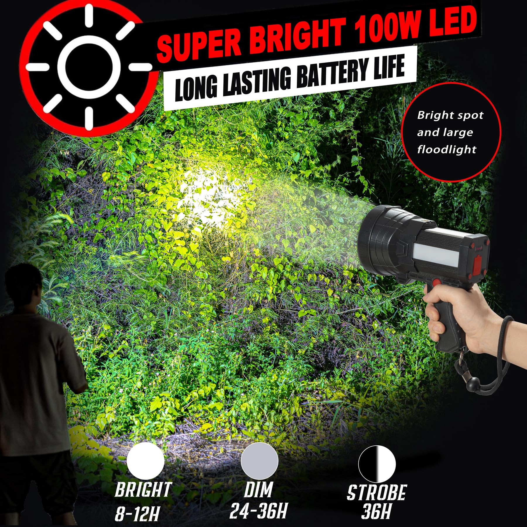 BIGSUN Rechargeable Spotlight, 1000000 Lumens LED Flashlight, 10800mAh Battery, Black, Model Q953