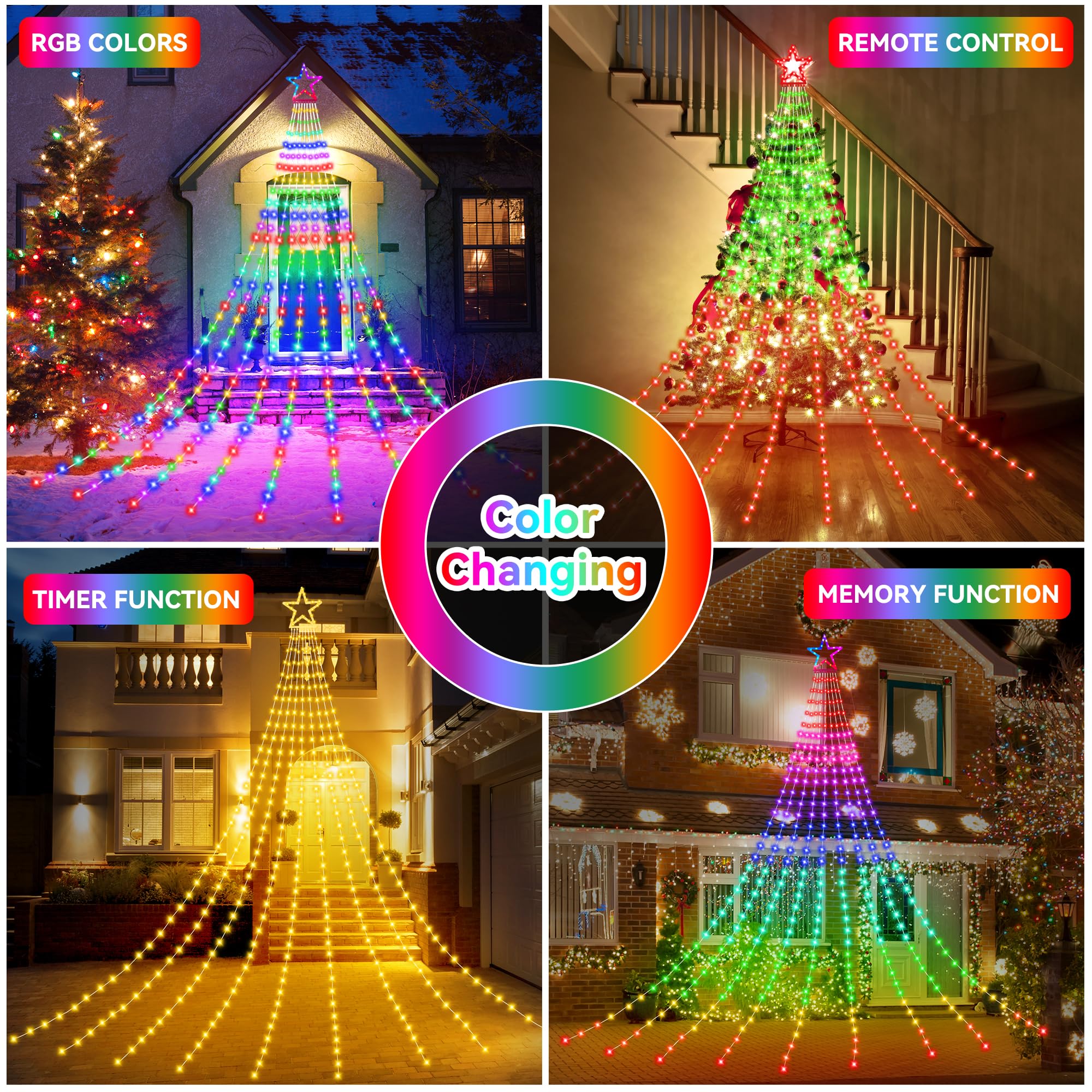 Christmas Decoration Rgb String Lights, Outdoor Color Changing Christmas Lights 320 Led 11.5 Ft Star Tree Topper Fairy String Li