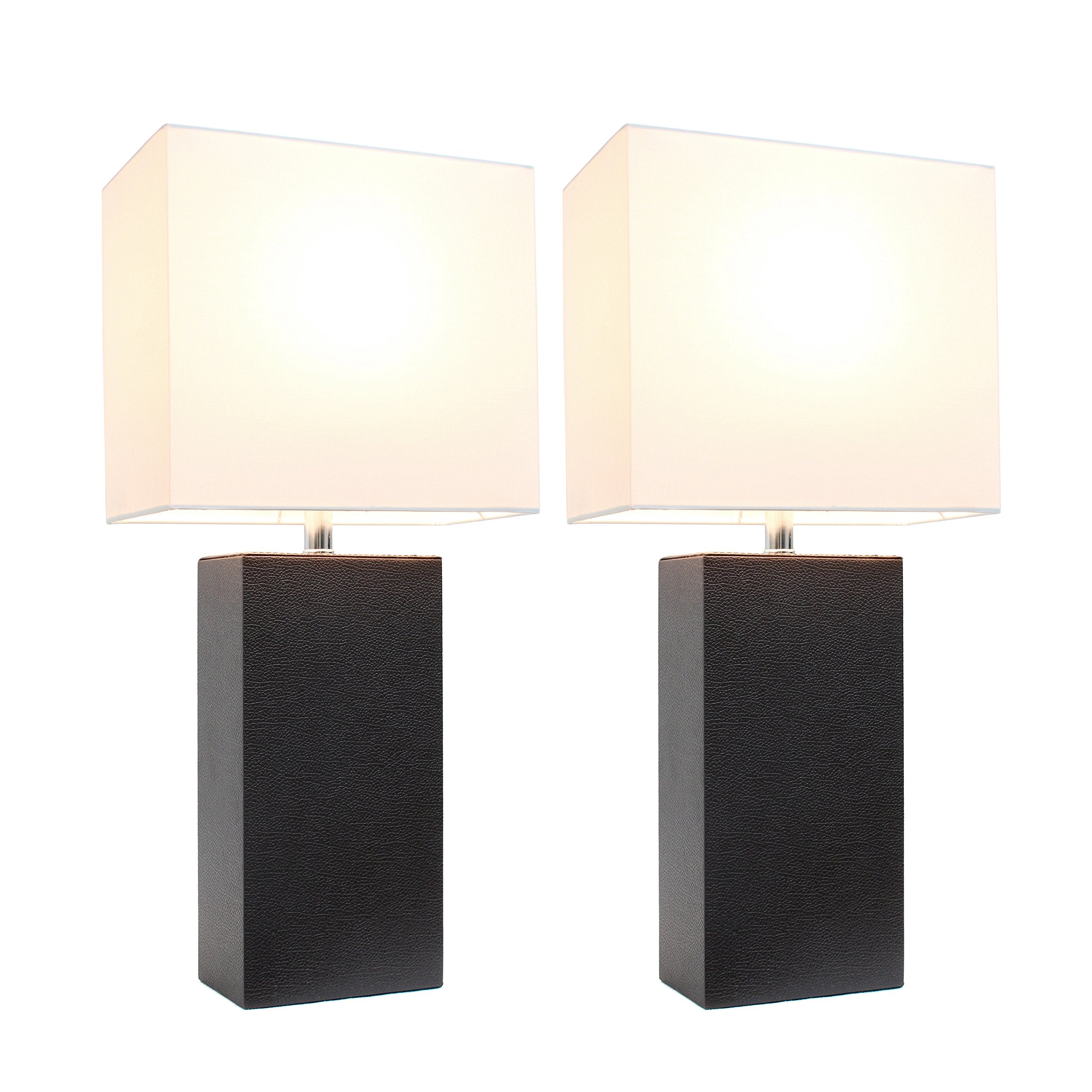 Elegant Designs Lc2000-Bwn-2Pk Modern Leather Table Lamps With White Fabric Shades, Espresso Brown