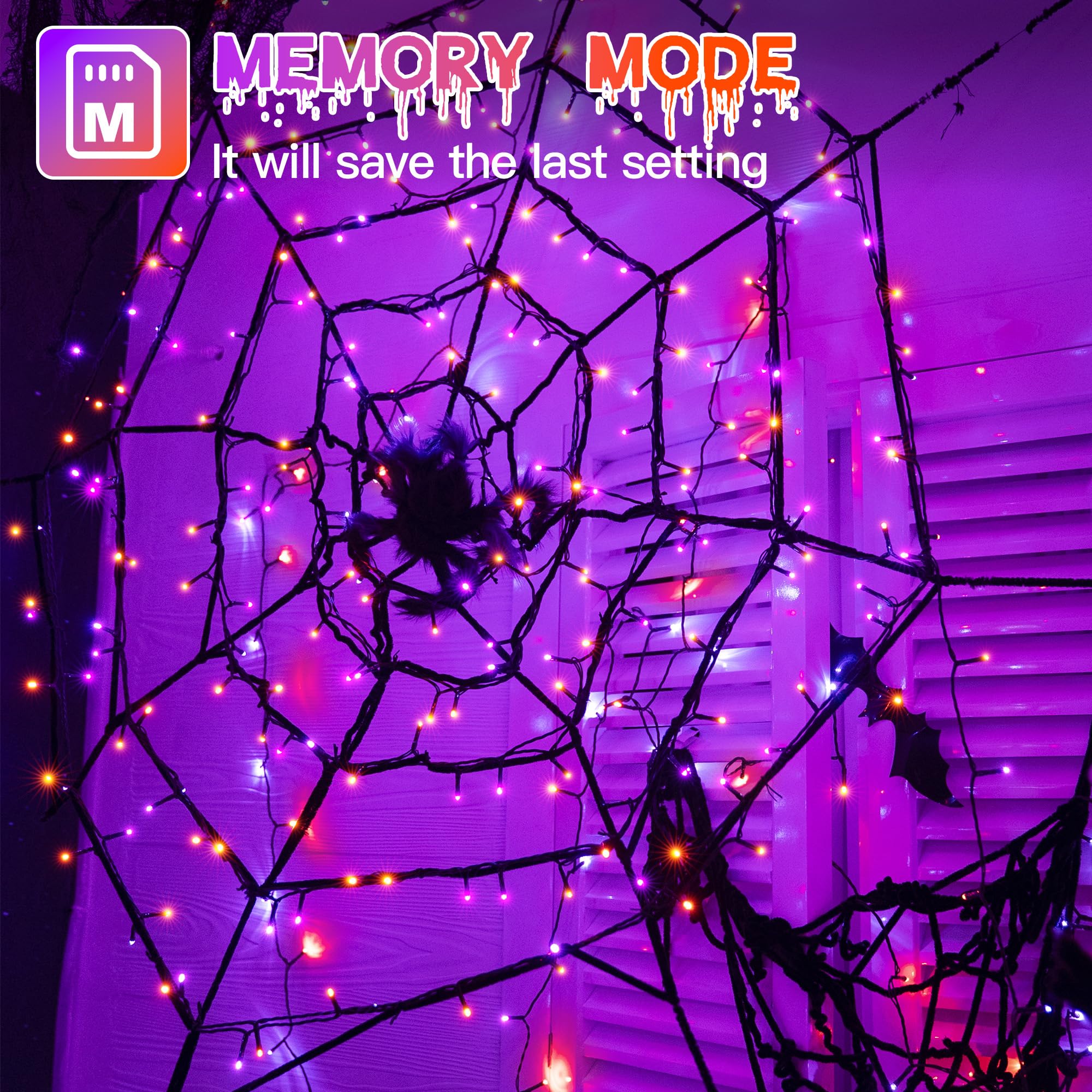 Guhope Halloween Lights, 200 LED Waterproof String Lights, 8 Lighting Modes, Orange + Purple, Model NYA0200C
