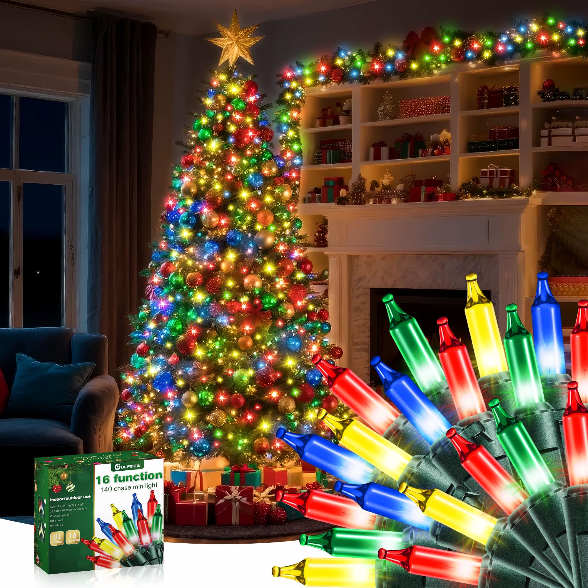 Gulfmew Christmas Lights - 16 Function Controller, 140 Mini Bulbs, 34 ft, Multicolor, Indoor Twinkling, UL Certified, IP44 Waterproof