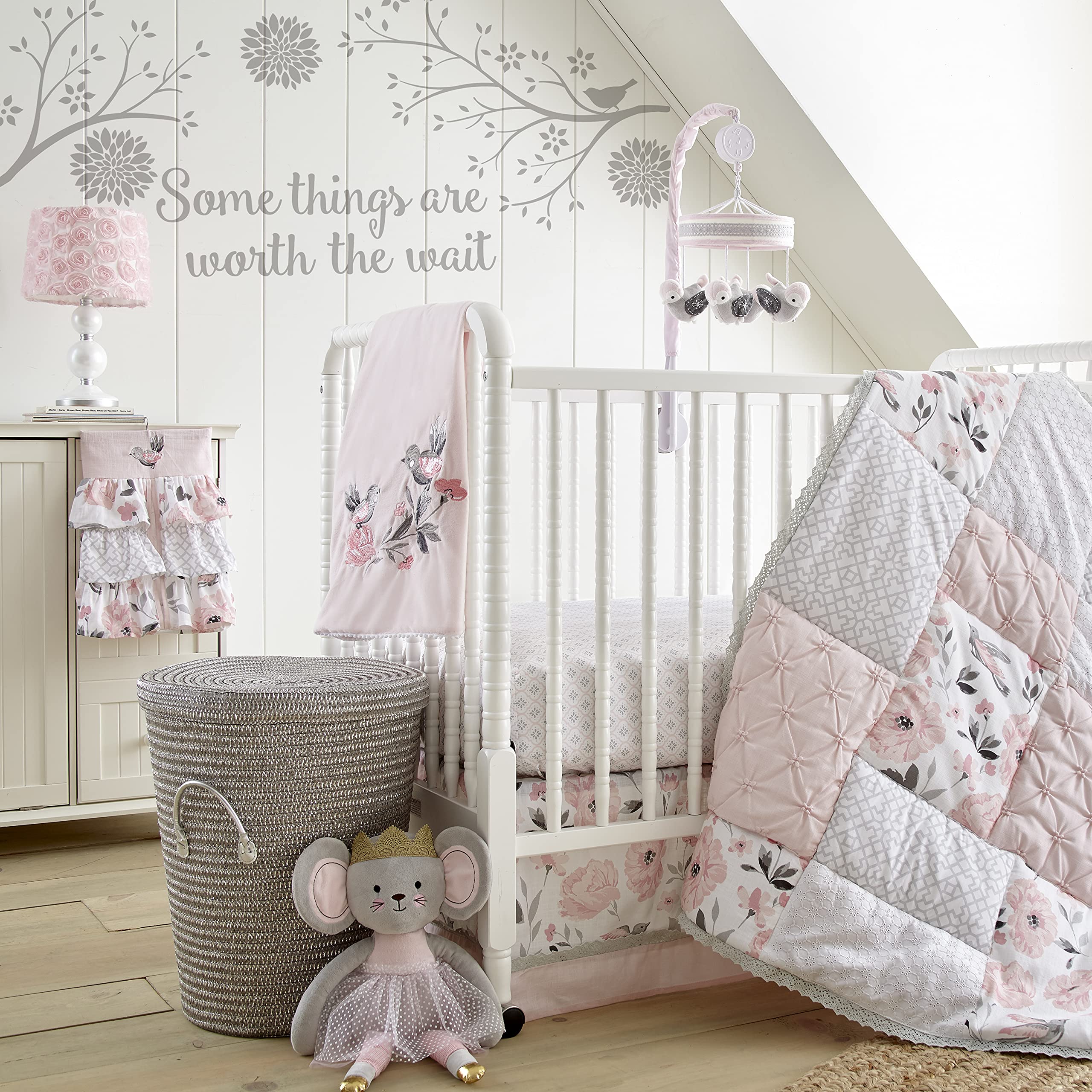 Levtex Baby - Elise Table Lamp and Shade - Spindle Base with Pink Rosette Shade Lamp - Nursery Accessories - Measurements: 22 in