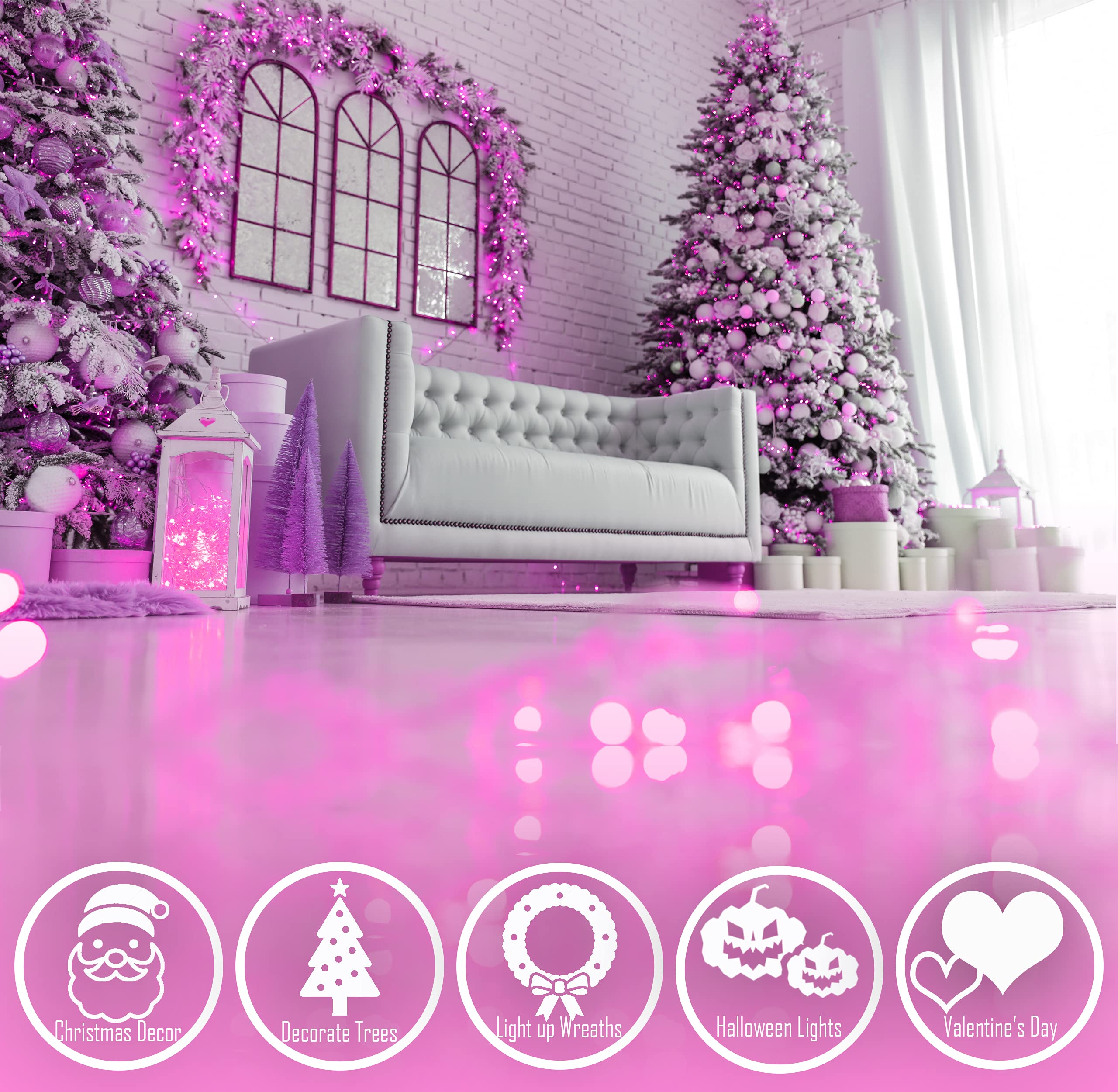 Holiday Essence - Pink Led Christmas String 100 Mini Fairy Lights Set, Green Wire 26.9 Ft Traditional Valentines Easter Holiday