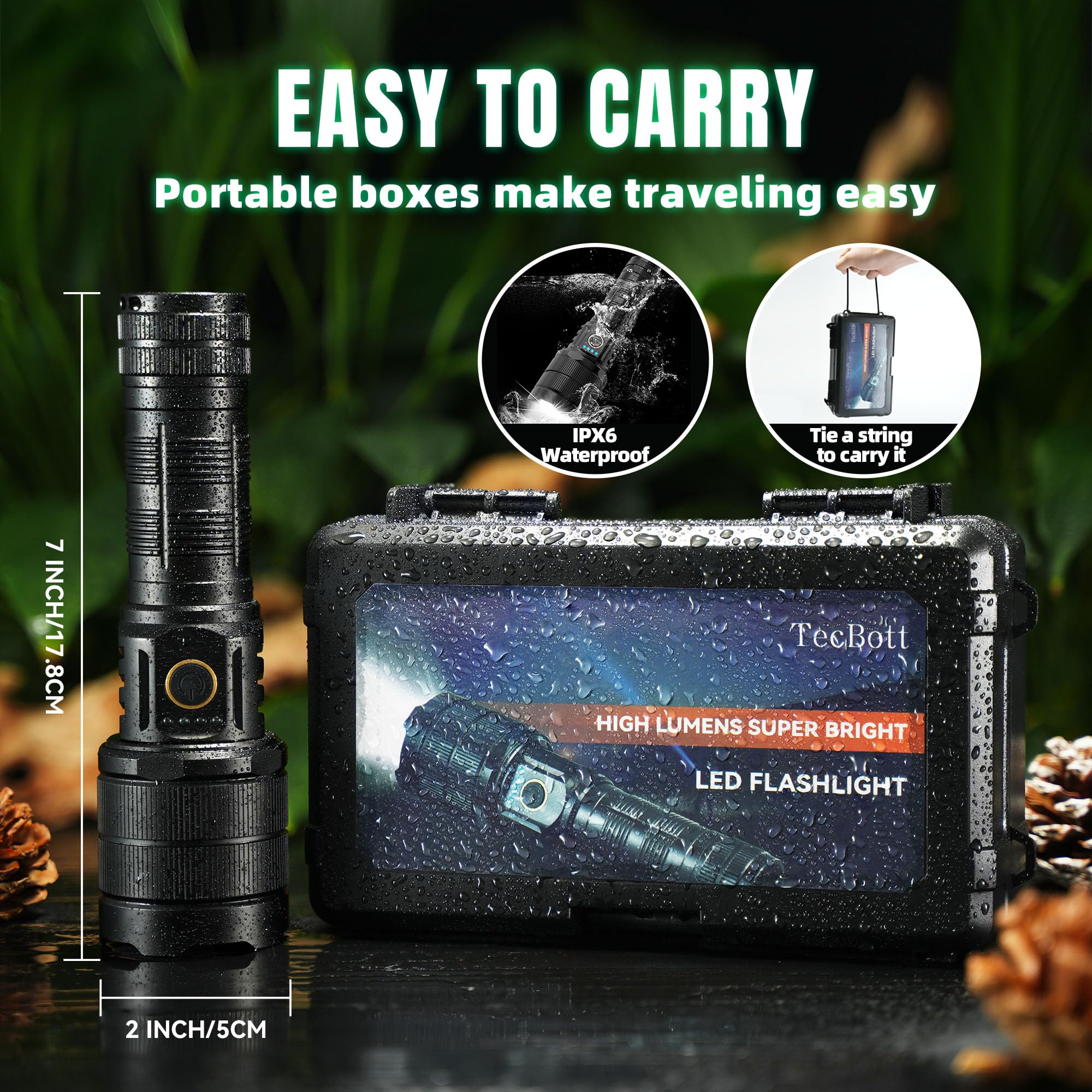 Tecbott Rechargeable Flashlights 900000 High Lumens Super Bright Led Flashlight High Powered Tactical Flashlights Zoomable 3 Modes Ipx6 Waterproof Handheld Flash Light For Camping Outdoor Emergencies