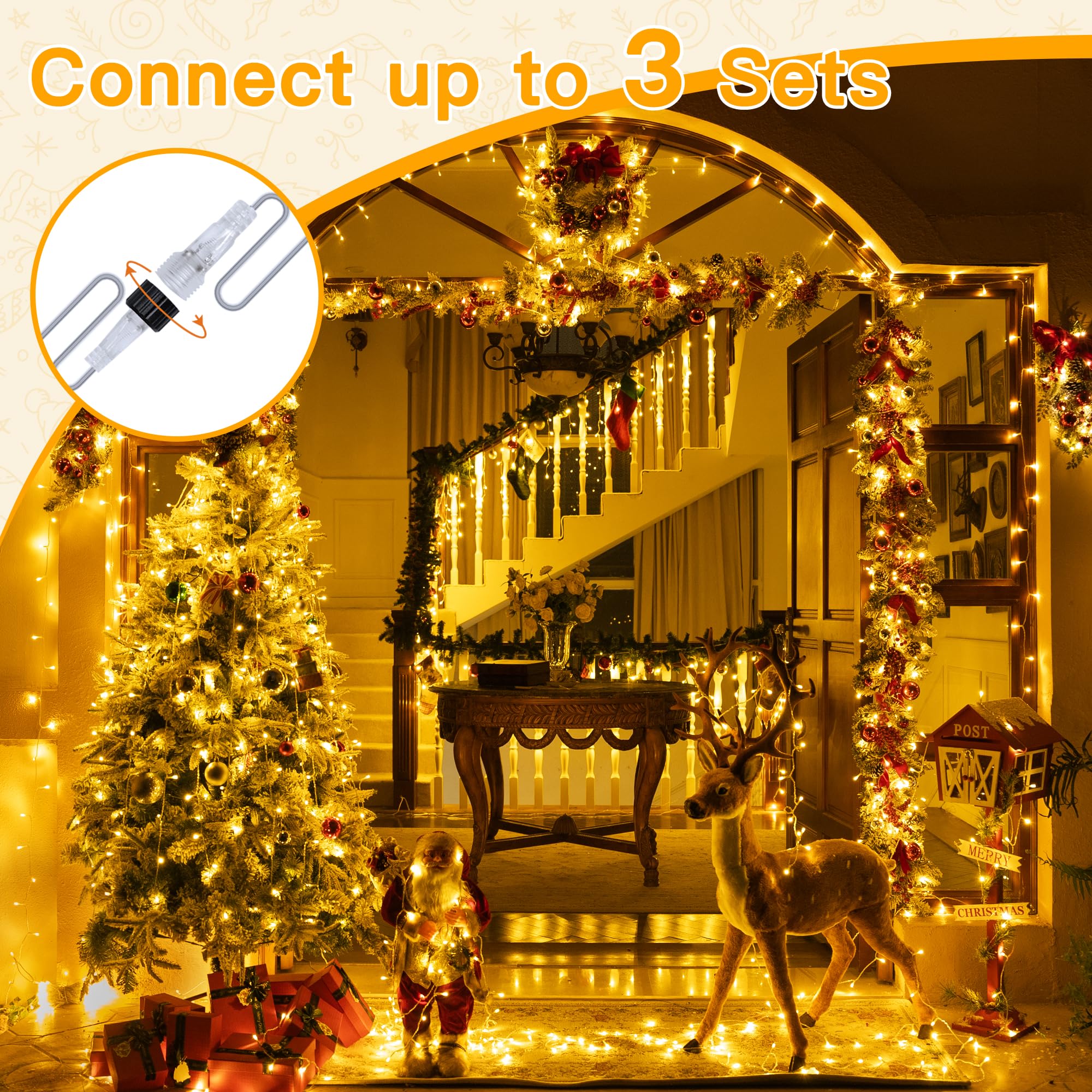 Ollny Christmas Lights Outdoor 200Led 60Ft, Warm White Connectable Plug In Fairy Light Indoor, 8 Modes Waterproof Timer Plug In Led String Lights For House Outside Bedroom Patio Balcony