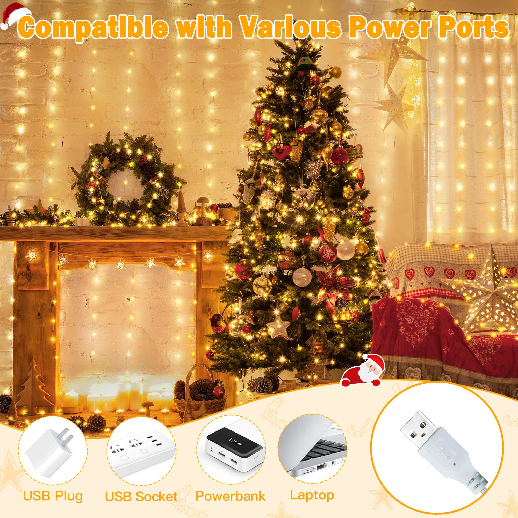 Ollny Fairy Lights Curtain 200 LED, 6.6x6.6ft, Warm White, USB Powered, Waterproof, Model W0520M200L, Indoor/Outdoor Decorations