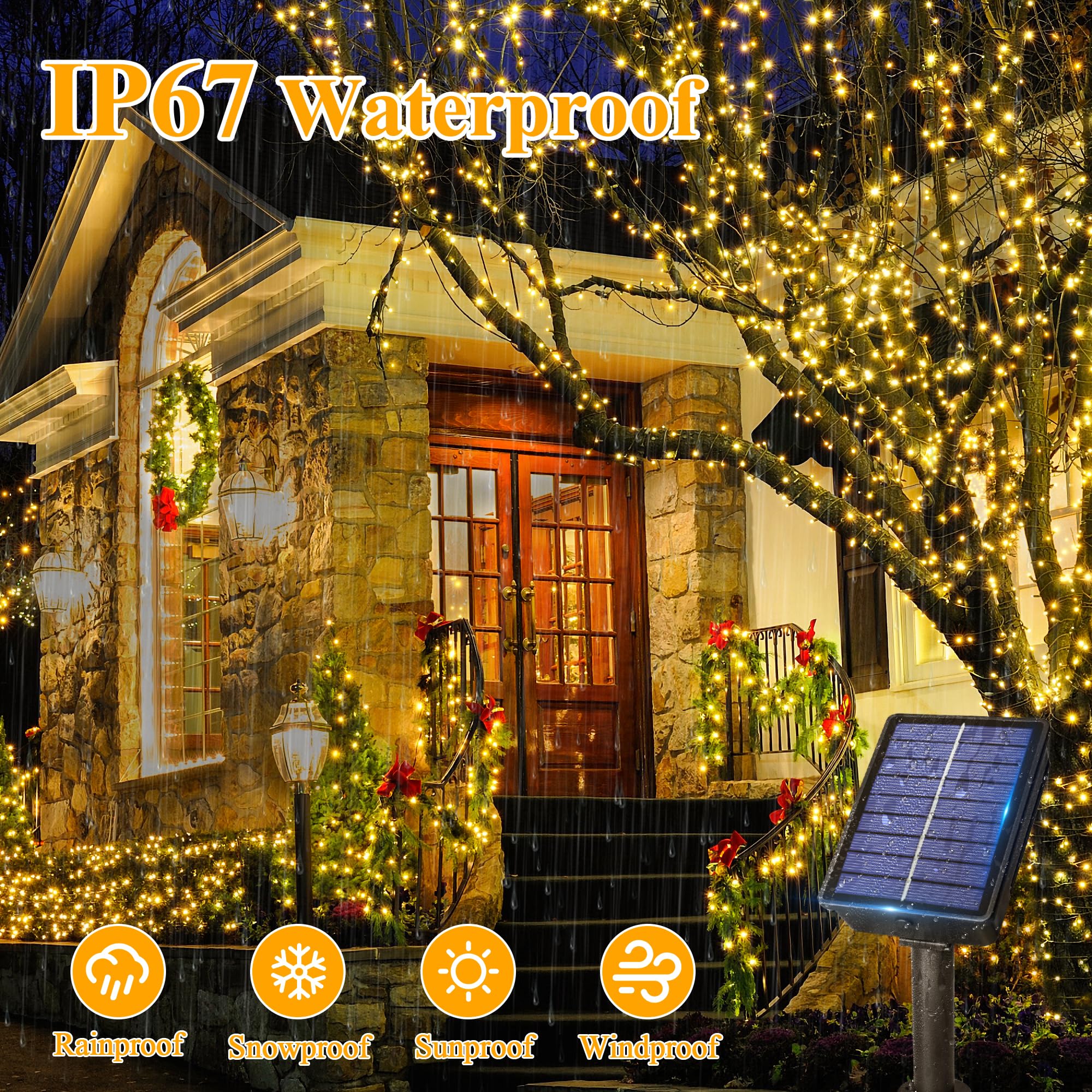 Ollny Solar Fairy Lights, 120LED, 40FT, IP67 Waterproof, Warm White, Model PSM120W